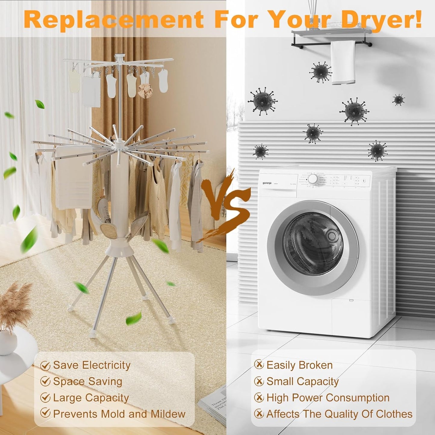 Clothes Drying Rack Foldable, 4-Legged Portable Drying Rack Clothing with 20 Clips, Shoe Dryer Rack, Outdoor Laundry Drying Racks with 4 Pulleys, Aluminum Hanging Dry Rack for Clothes,Socks,Towel