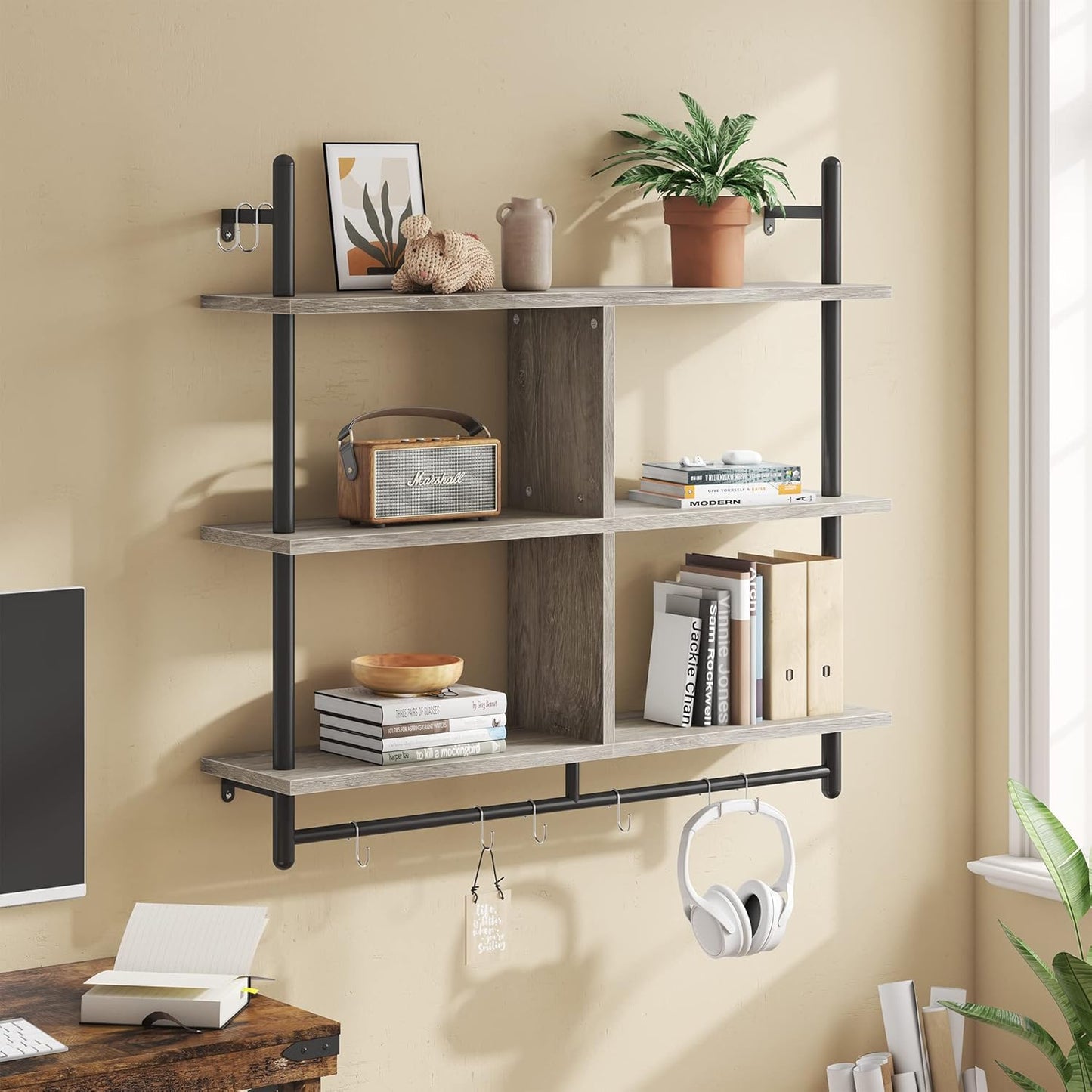 Bestier 41.5" Floating Pipe Shelving Kitchen Shelves Wall Mounted 3 Tier Ladder Shelf Hanging with Circular Tube Display Bookshelf Storage for Living Room Kitchen Balcony, Retro Grey