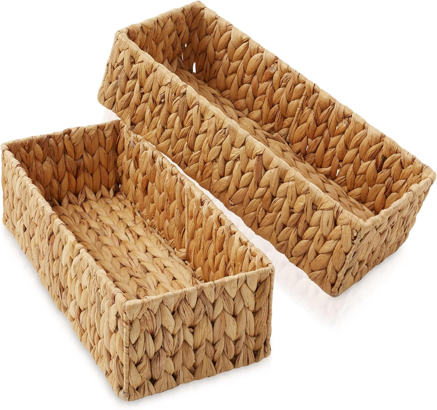 Casafield Set of 2 Bathroom Storage Baskets, Natural - Water Hyacinth, 16" W x 6.75" D x 4.25" H, Woven Toilet Tank Topper Bins for Organizing Tissues, Toilet Paper, Toiletries, Shelves