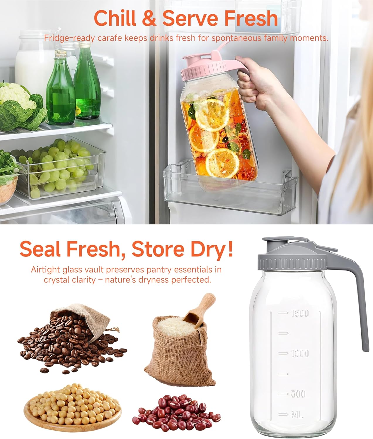 2 Quart Wide Mouth Glass Pitcher with Lid, 64oz Mason Jar Pitchers, Leak-proof Iced Tea Pitcher,Heavy Duty Container for Fridge Sweet Tea,Juice,Cold Brew Coffee,Breastmilk Storage Drinks-1PACK/Yellow