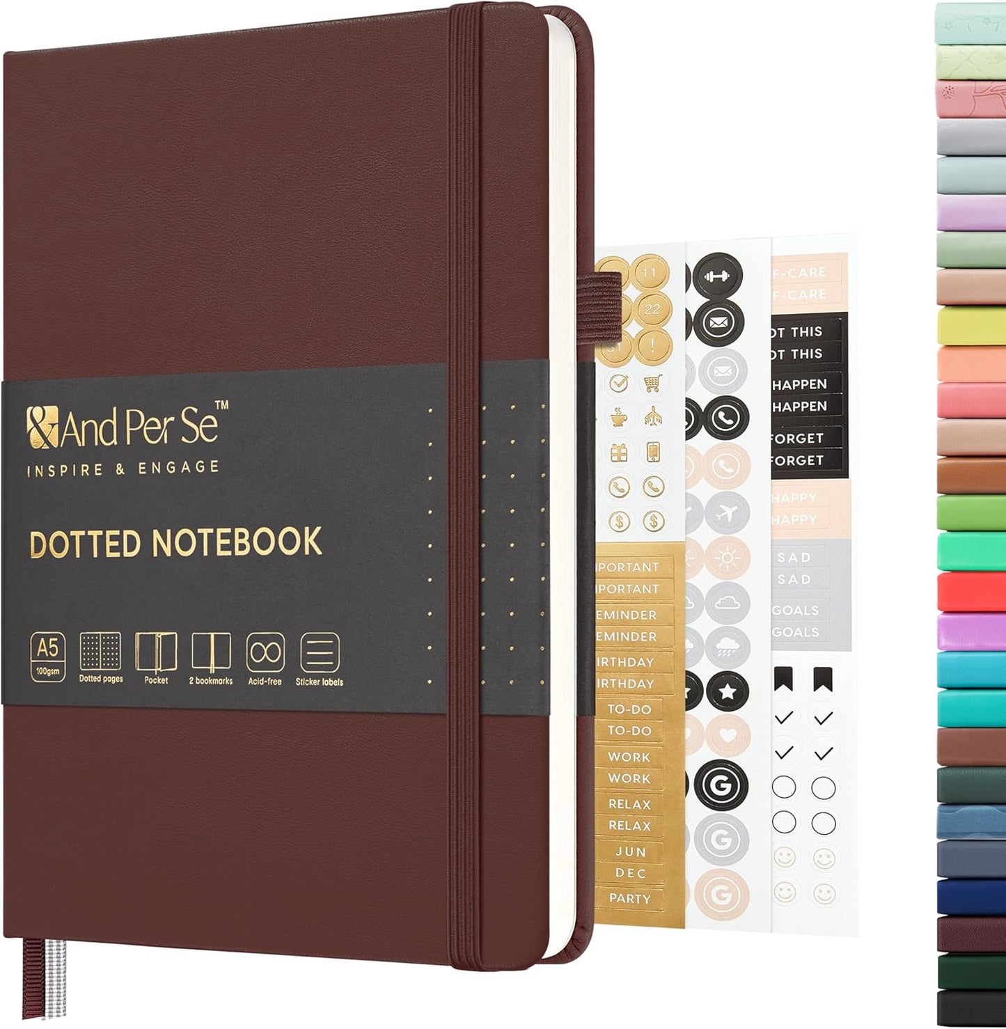 &And Per Se Dotted Journal Notebook, A5 Hardcover Leather Bullet Dotted Journal, 160 Pages 100 gsm Thick Paper，3 Sheets of Stickers Included - 5.7'' x 8''（Dark Red）