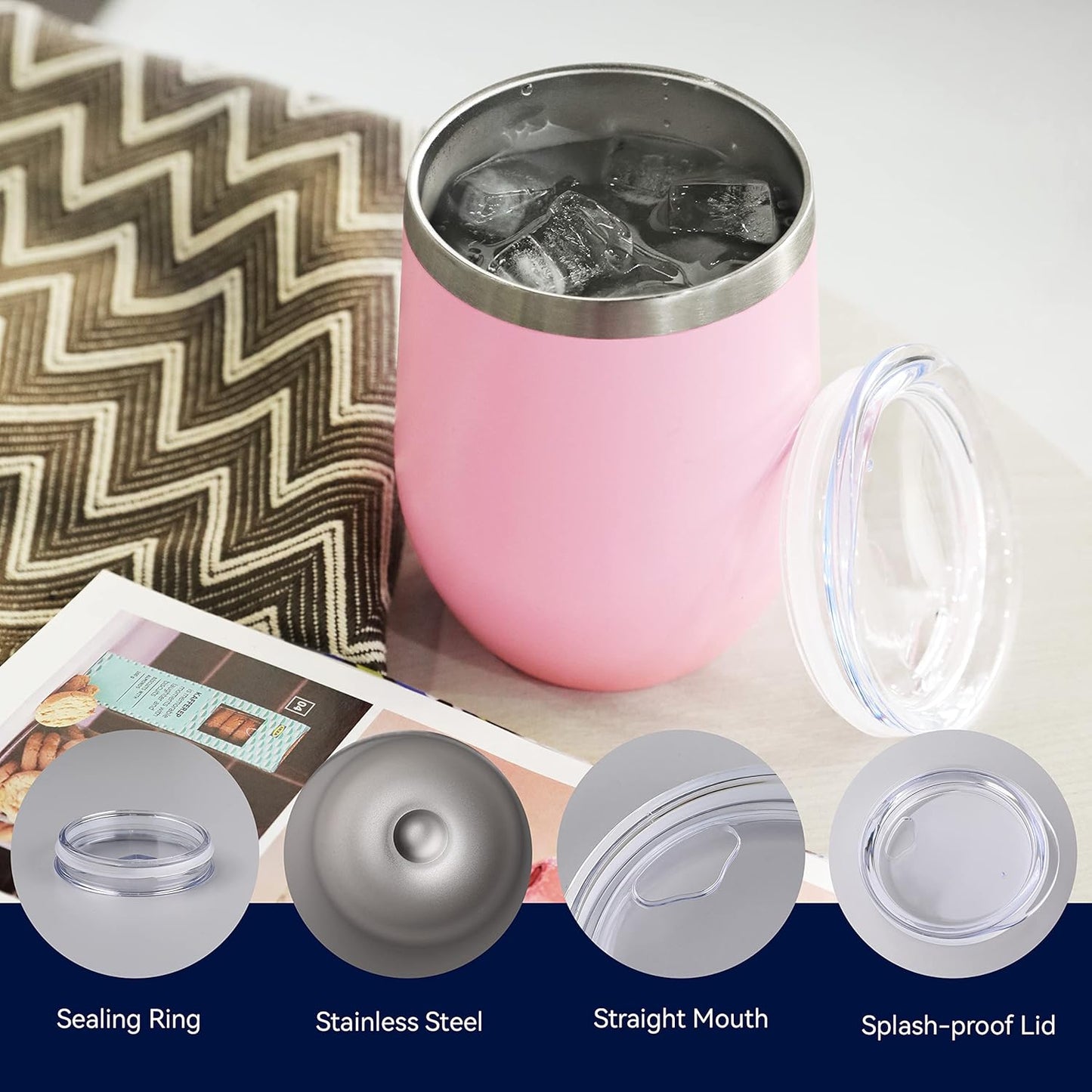 DOMICARE Stainless Steel Wine Tumbler Bulk with Lid, Personalized Insulated Tumblers Set, 12oz Travel Coffee Cups Pack of 4, Pink