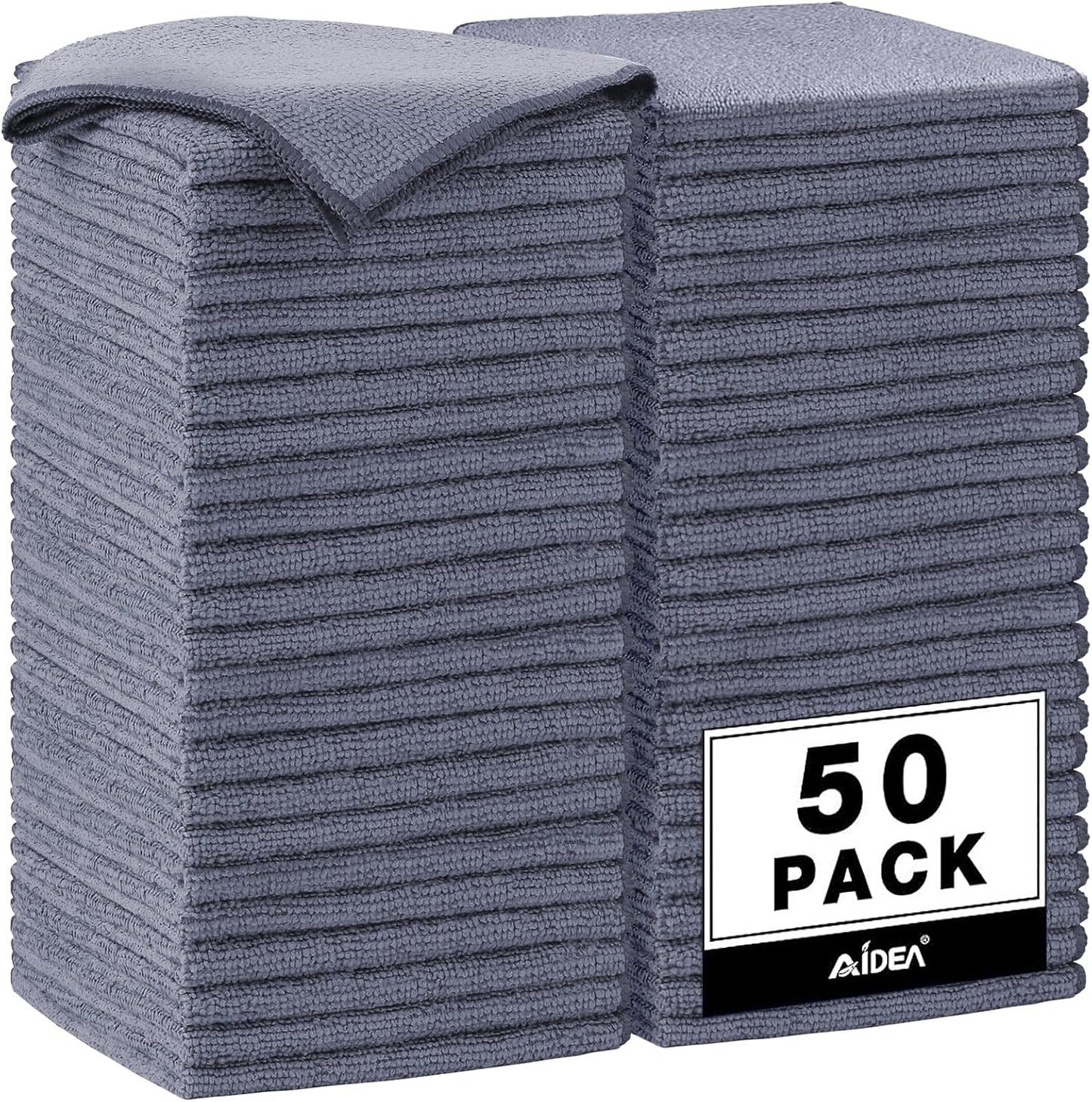 AIDEA Microfiber Cleaning Cloth Grey 50PK, Microfiber Towels for Cars, Premium Car Cloths, Dusting Cloth Lint Free Cleaning Rags for SUVs, House, Kitchen, Window, Workshops,12×12"