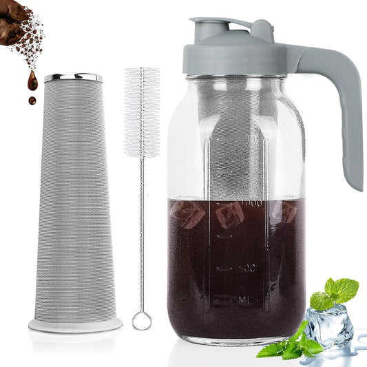 Cold Brew Coffee Maker Pitcher,64 Oz Heavy Duty Glass Mason Jar Pitcher with V-shaped Pour Spout Handle Lid,Stainless Steel Filter for Iced Coffee,Iced tea,Fruit Drinks,lemonade - Gray