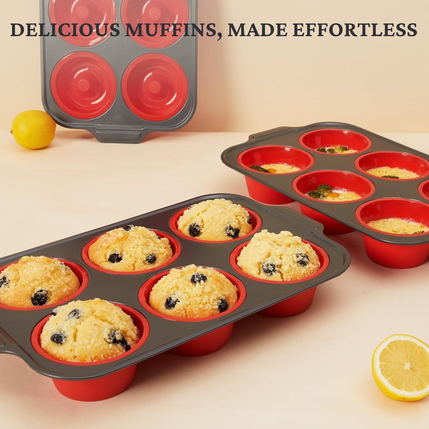 BRONYPRO Jumbo Silicone Muffin Pan with Metal Frame, 3.5" Large Muffin Tins, Non-Toxic Food Grade Silicone, Non-Stick for Egg Bites & Big Cupcakes, Oven Safe, Red