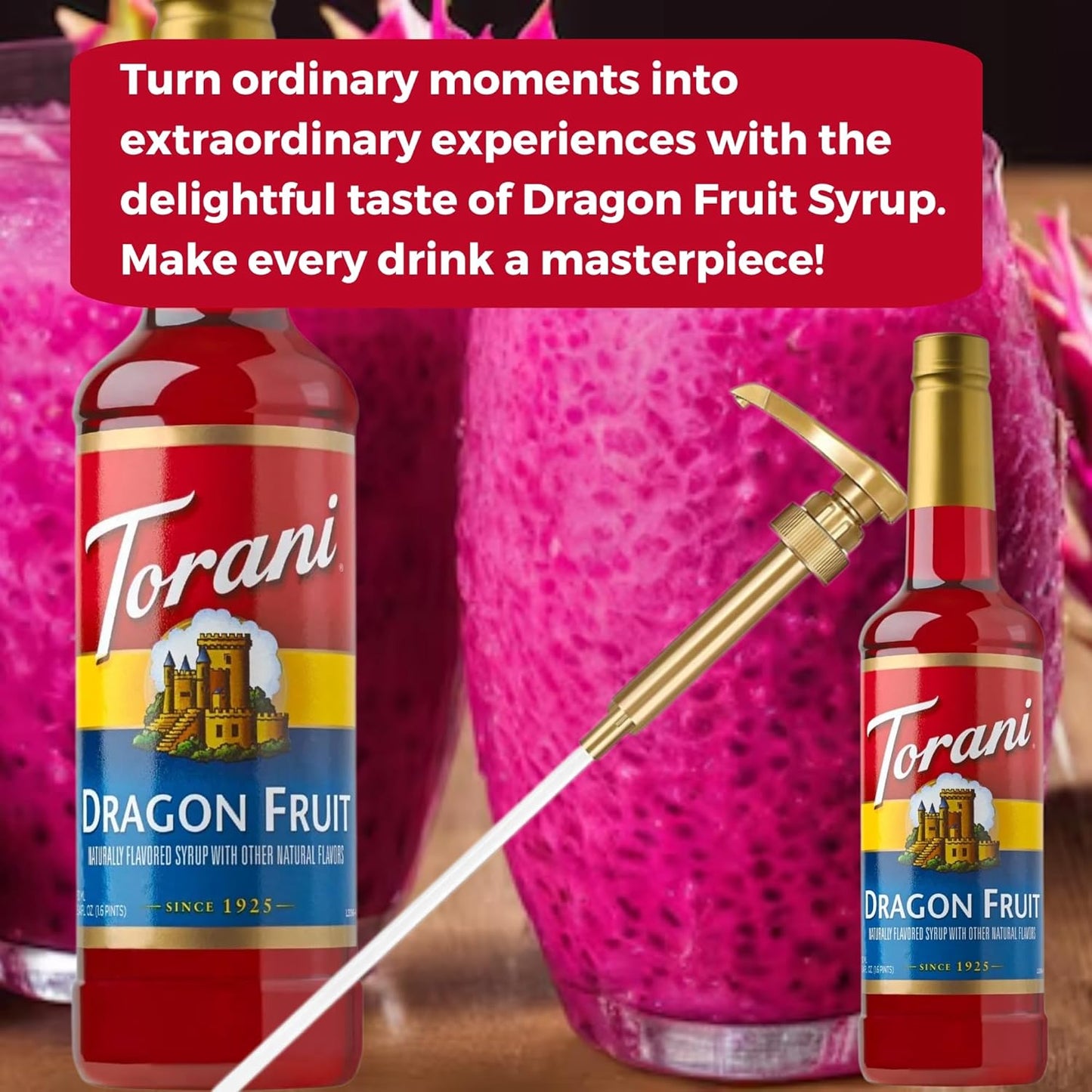 Jimoco® Syrup Pump Dispenser + Torani® Dragon Fruit Syrup, 25.4 oz - Coffee Syrup Pump & Flavoring Bundle