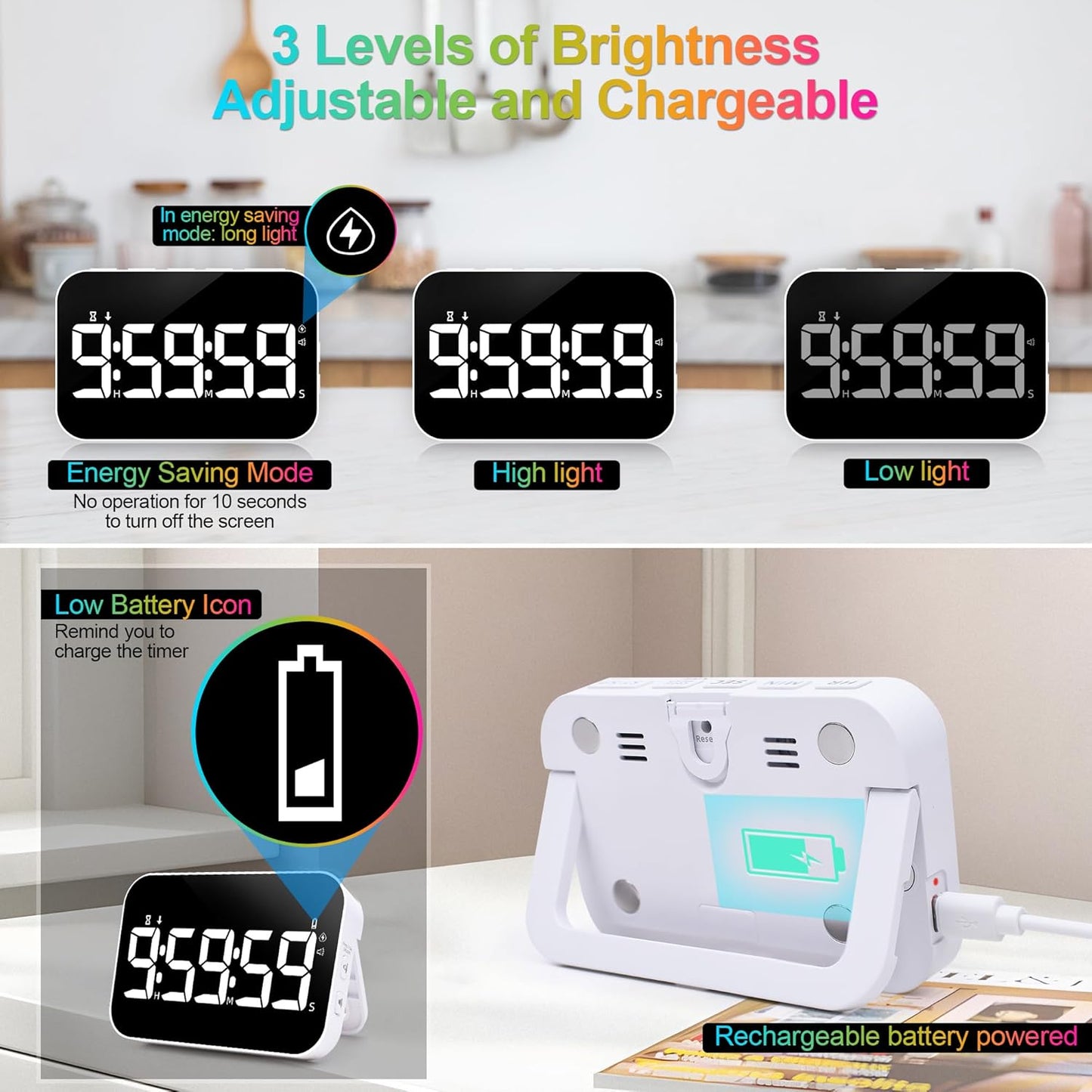 Kitchen Digital Timer, Rechargeable Magnetic Timers with Countdown/up, Kids Timer with 5”LED Display 3 Brightness 4 Volume Adjustable for Classroom/Office/Home/Work/Study/Fitness/Game-White