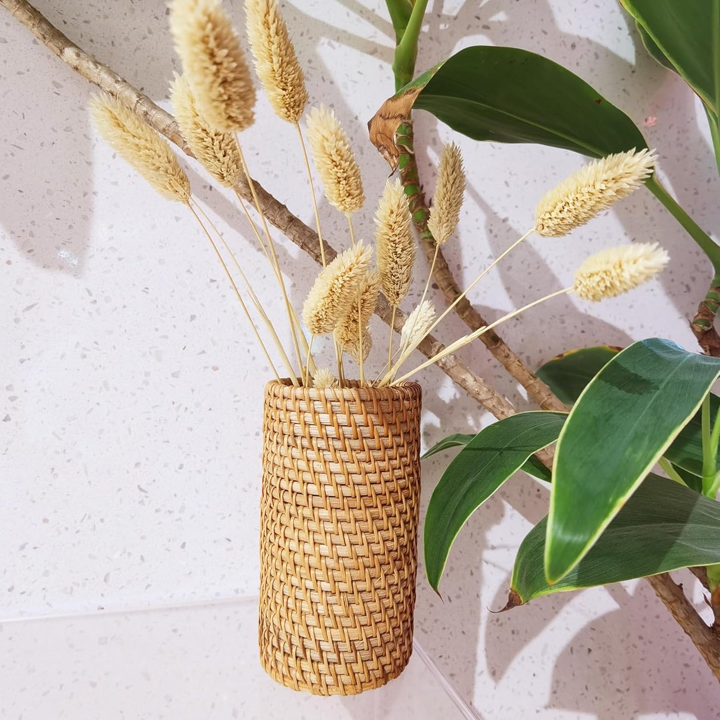 Handmade High Wall Rattan Pen Cup,Tea Items Desk Holder,Wicker Pencil Décor Holder Flower Vase For Dry Flower,Rustic Makeup Brushes Holder Stand, Table Loose Items Organizer (High Cylinder)