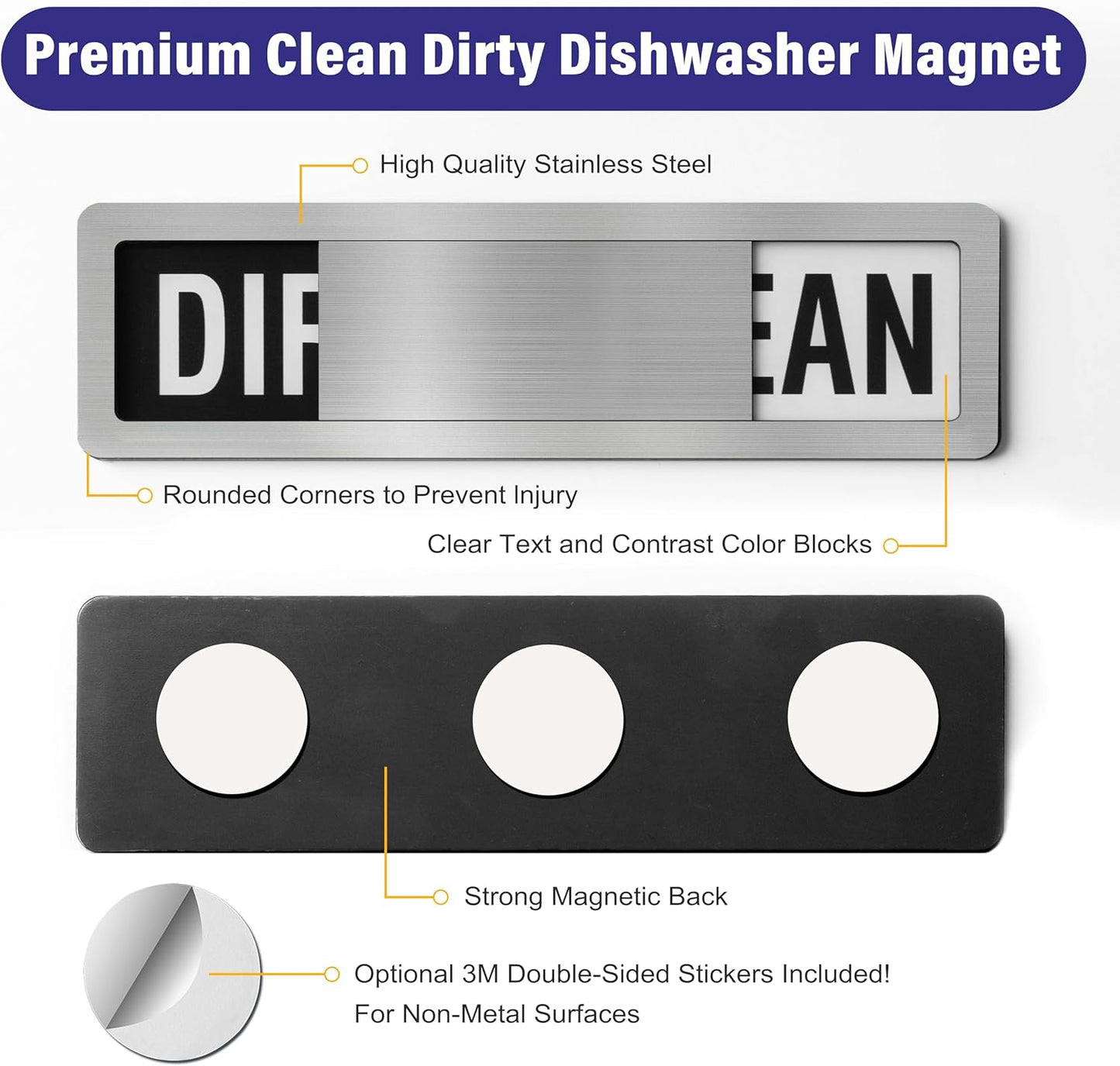 Dishwasher Clean Dirty Sign-Dishwasher Magnet Stainless Steel Clean Dirty Sign for Kitchen Organization Farmhouse Dishwasher Slide Indicator, Optional Adhesive Stickers