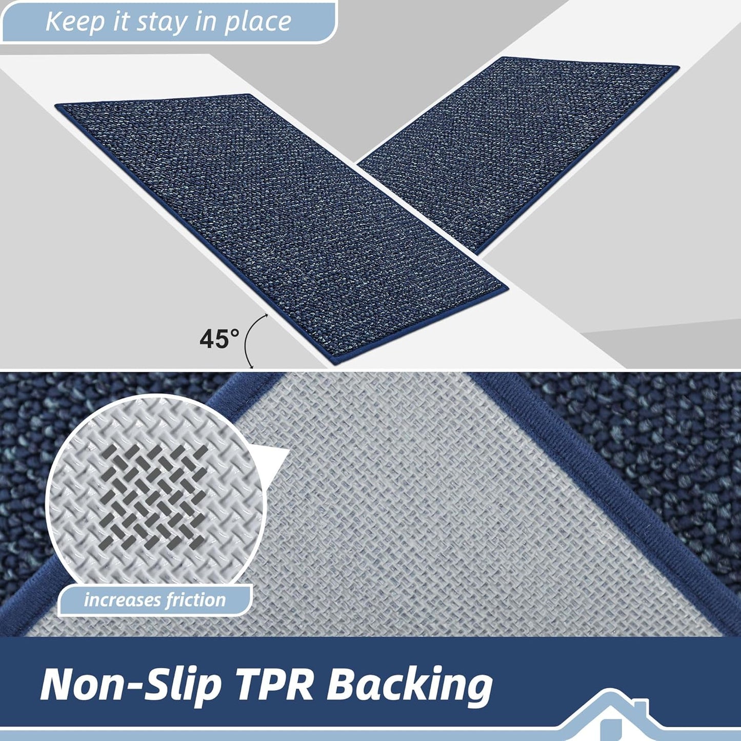 BEQHAUSE Dirt Trapper Door Mat 20" x 48", Non-Slip Washable Doormats Entrance Mat, Dirt Resistant and Absorbent Welcome Mat, Low Profile Floor Mats for Front Back Door and Entryway, Blue