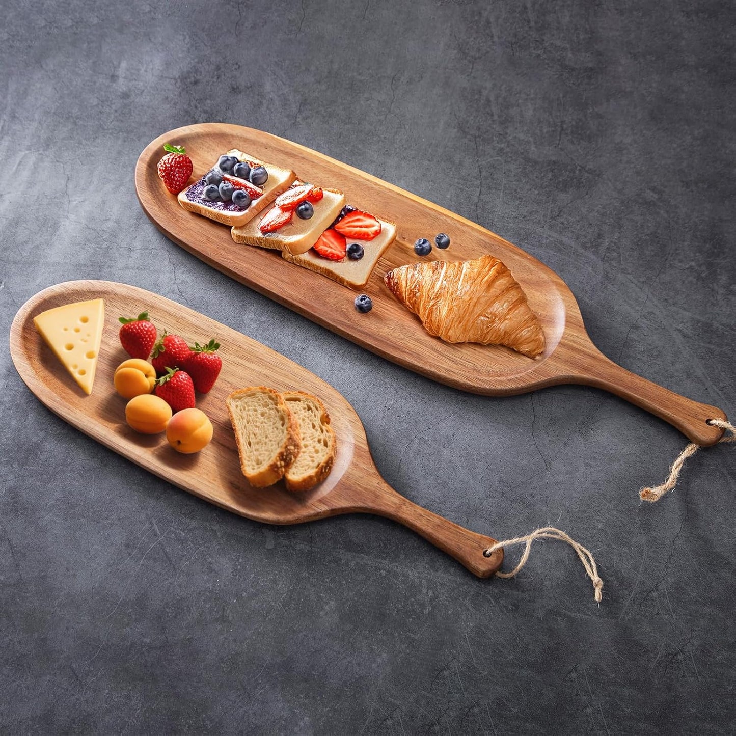 2PCS Wooden Tray Wood Serving Tray with Handle Large Serving Plates Acacia Solid Wood Appetizer Plates Multi-Use Oval Acacia Plates for Appetizer for Snack(Large 20.5“ and 16.5"