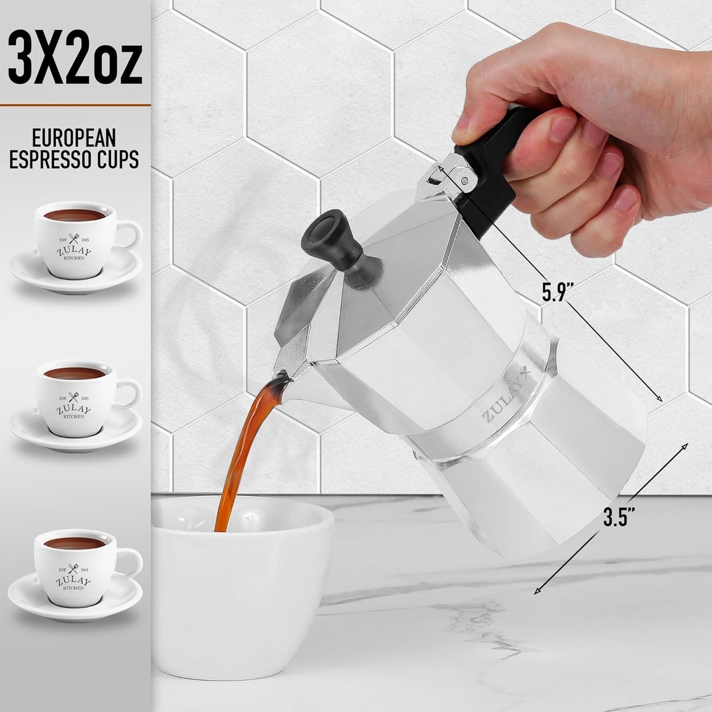 Zulay Moka Pot Espresso Stovetop Coffee Maker - Leak-Proof, Stainless Steel, Easy to Clean, Heat Resistant Handle & Knob - Makes 3 Espresso Cups - Silver