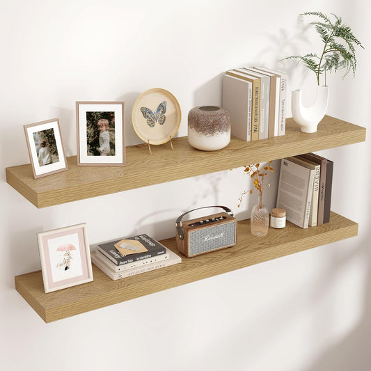 Floating Shelves - 2 Large Wall Mounted Shelves with Invisible Brackets, Long Wood Floating Wall Shelf for Living Room, Bedroom, Kitchen (Oak, 48" W x 9" D x 1.5" H)