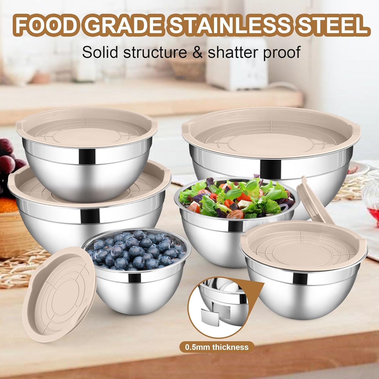 LIANYU Mixing Bowls with Airtight Lids Set, 6 Piece Stainless Steel Metal Kitchen Nesting Bowl, Size 7, 3.5, 2.5, 2, 1.5, 1QT for Prepping, Baking & Food Storage, Dishwasher & Freezer Safe, Khaki