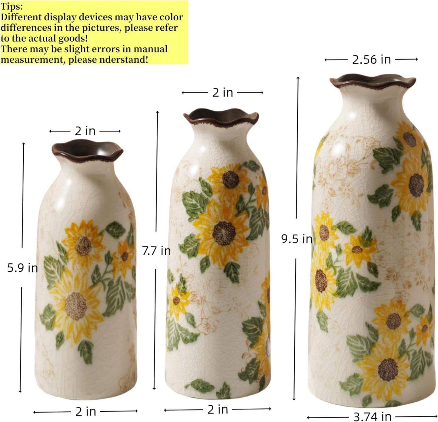 Autumn Ceramic Vase Set of 3, Farmhouse Decor Home Ceramic Vases for Your Kitchen Bedroom Living Room Bathroom & Shelf Centerpiece Table Decorations (H 9.5" + H7.7 + H5.9)