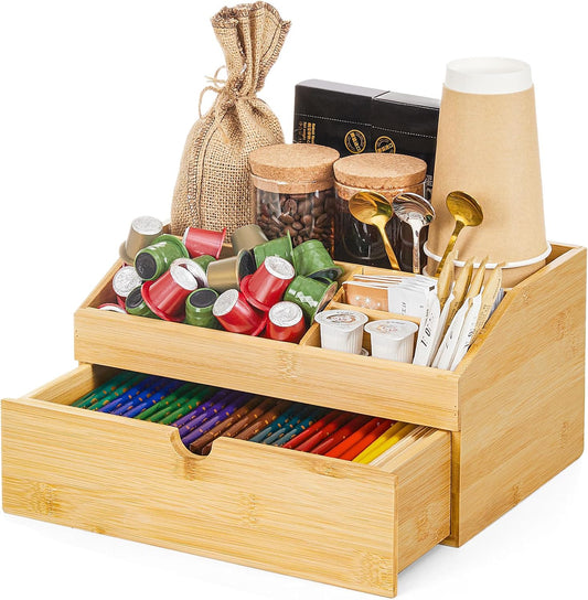 Coffee Bar Organizer Countertop with Drawer, Cafe Station Storage for Bar Accessories,Bamboo Espresso Bar Decor Holder for Bar Decor,Bamboo