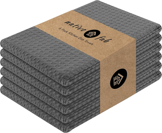 Native Fab Cotton Kitchen Towel - 16x26 inches, 6 Pack, Waffle Weave Kitchen Towels for Cleaning, Drying, Washcloths with Hanging Loop, Soft & Absorbent Dish Cloths, Grey