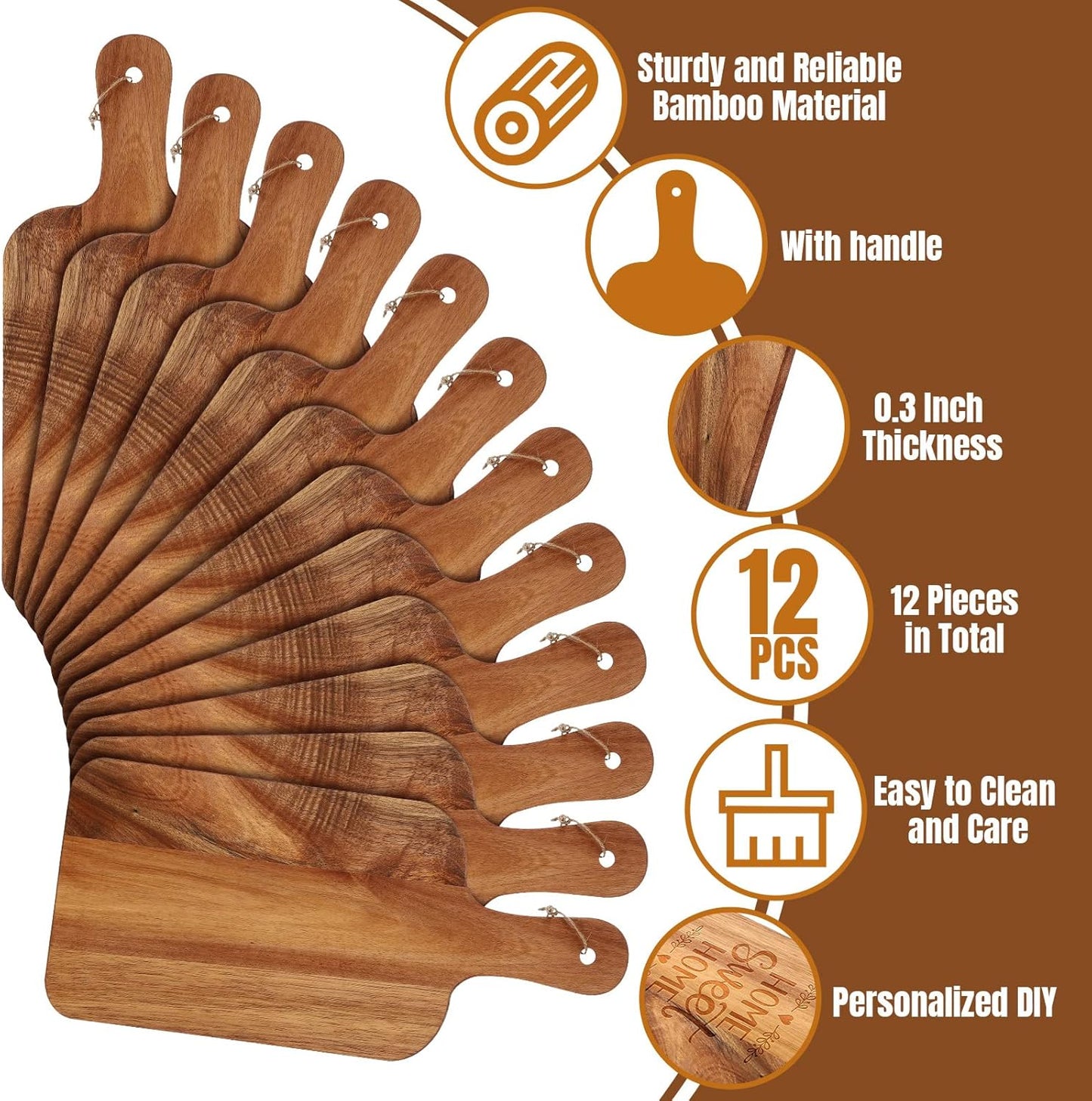 Patelai 12 Packs Wooden Cutting Board Set with Handles Large Kitchen Serving Plain Chopping Board Bulk Gifts for Mom for Vegetables Meat Pizza Cheese Fruit Bread(Acacia Wood,15 x 7 Inch)