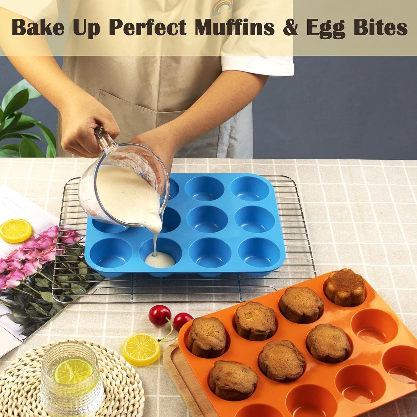 12 Cups Silicone Mini Muffin Pan Set, Nonstick Mini Cupcake Pans, BPA Free Small Muffin Tin for Baking, Set of 2 (Blue+Orange)