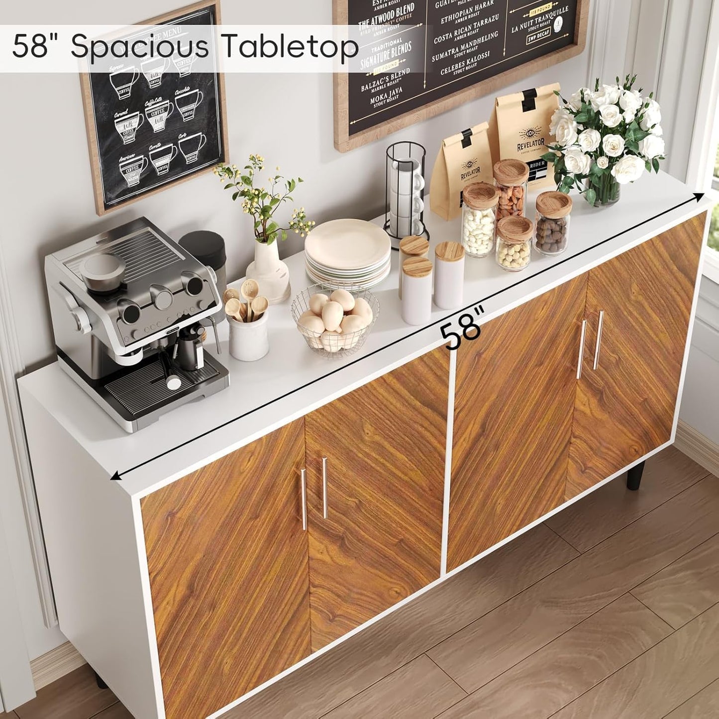 4 EVER WINNER Coffee Bar Cabinet with 4 Doors, Sideboard Buffet Cabinet with Storage, Walnut Buffet Cabinet with Storage with Adjustable Shelves for Kitchen,Living Room,White