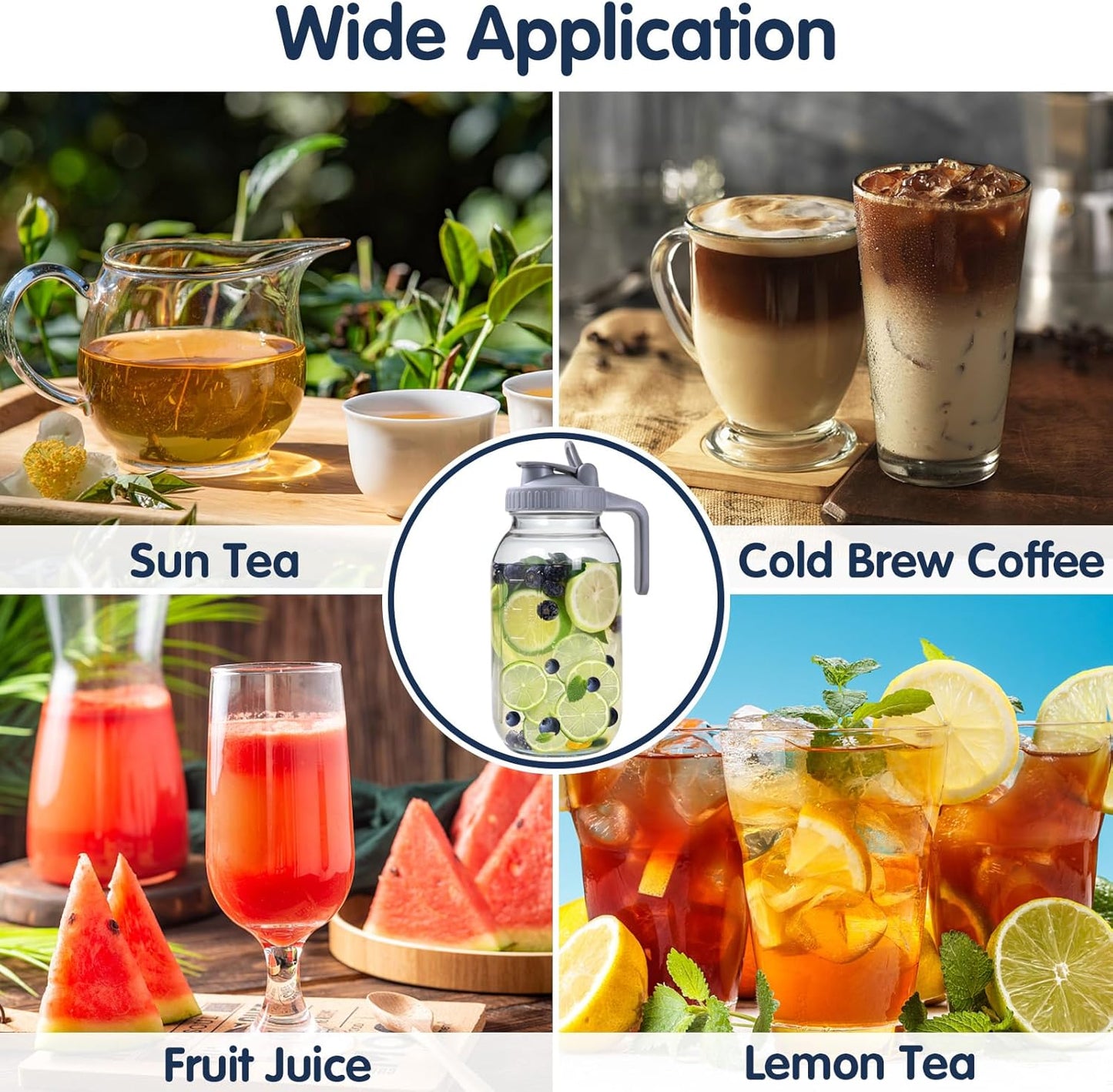 Glass Pitchers with Lid, Set of 2, 64OZ Leak-Proof Airtight Mason Jars, Wide Mouth Water Jugs for Cold Brew Coffee, Iced tea, Milk, Food Storage, Sun Tea Jar.