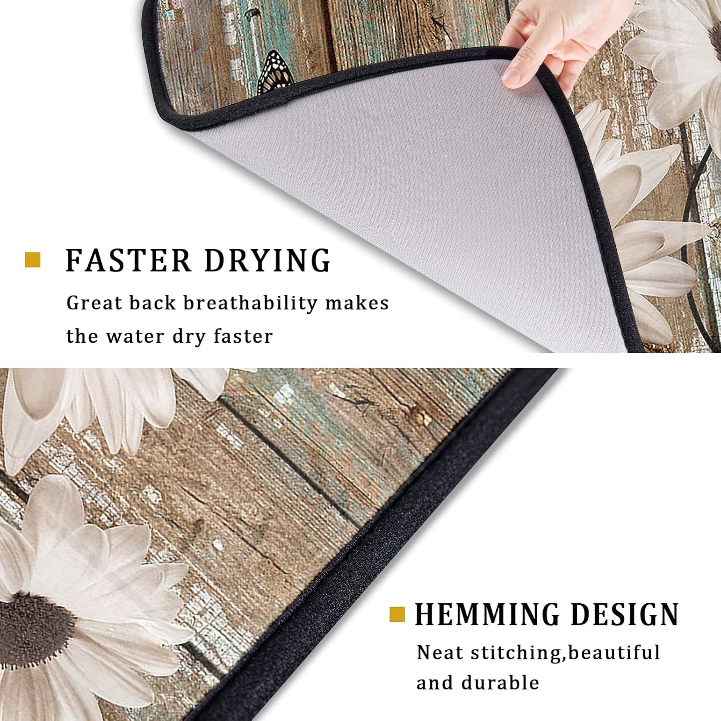 Rustic Daisy Board Dish Drying Mat for Kitchen Countertop 18x24 inch Fall Sunflower on Wooden Plank Dish Drainer Mats Fast Drying Country Shabby Chic Flower Dish Pad Vintage Kitchen Drying Decor Large