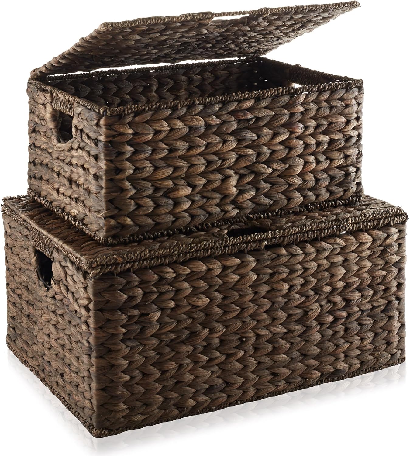 Casafield Set of 2 Water Hyacinth Rectangular Storage Baskets with Lids (Espresso - Medium/Large) for Bedroom, Bathroom, Laundry, Home Office