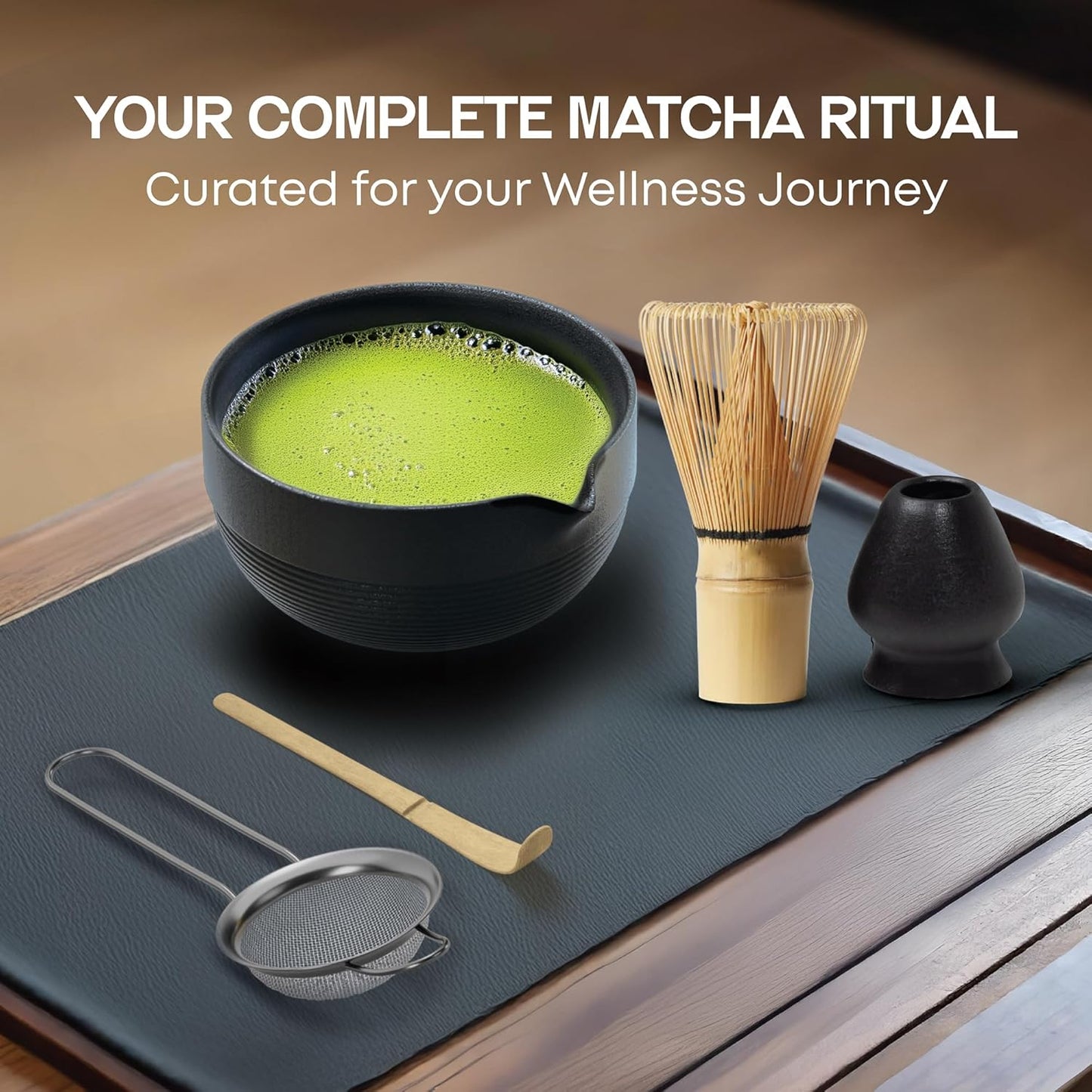 Luxury Matcha Set – 5 Piece Ceremonial Tea Kit with Matte Black Bowl, Bamboo Whisk, Holder, Sifter & Scoop – Premium Gift for Matcha Lovers at Home or Café