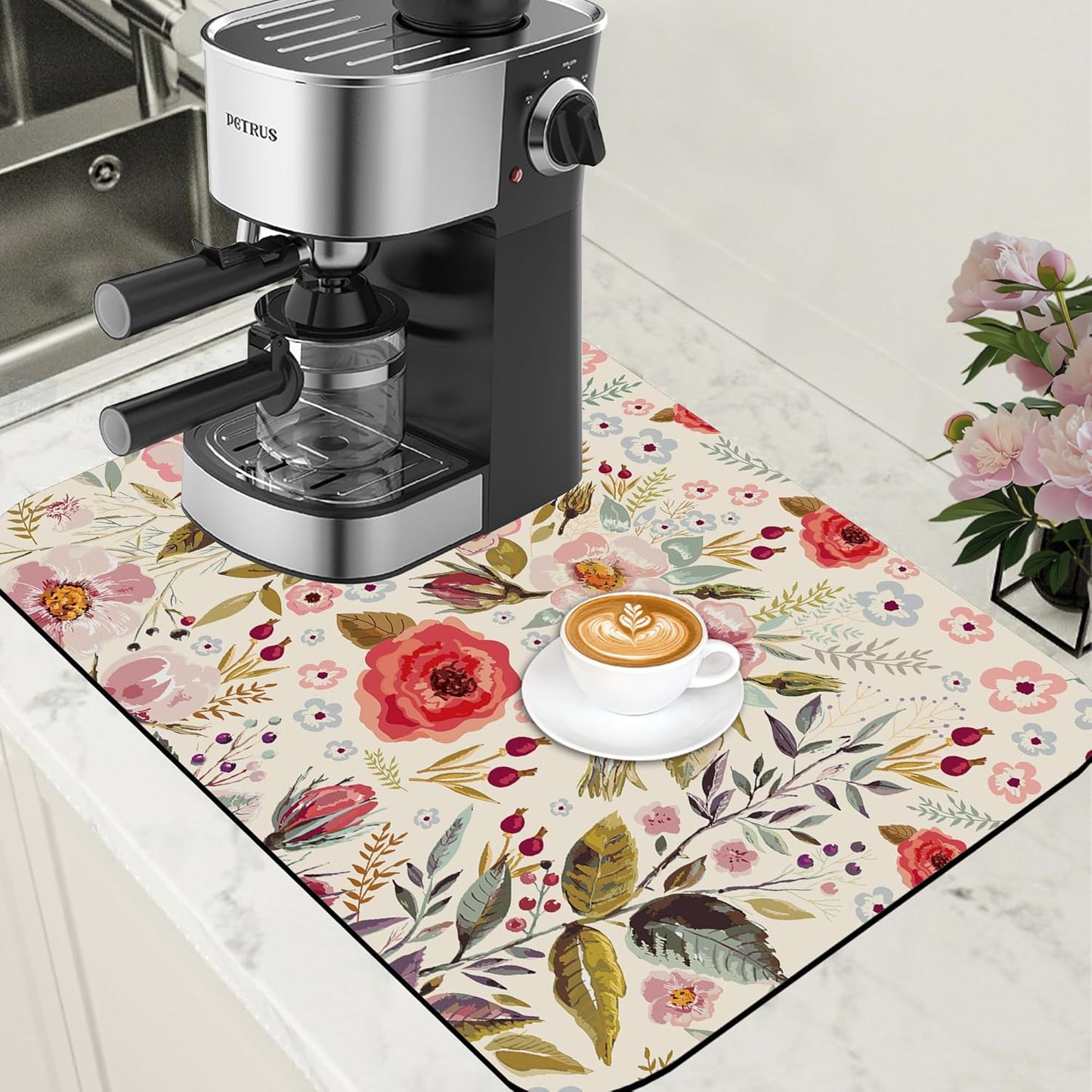 Vintage Flowers Coffee Mat Rose Berries Dish Drying Mat for Kitchen Counter Absorbent Drying Rack Pad Hide Stain Rubber Backed Coffee Bar Accessories Fit Under Espresso Machine, 15.7 x 23.6 Inch