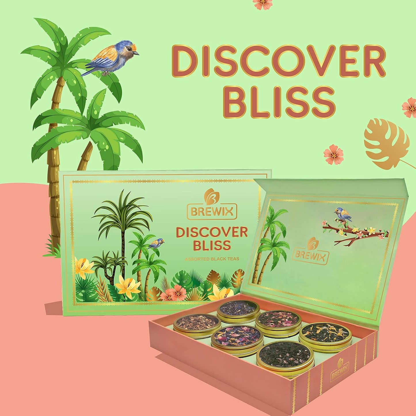 BREWIX, Discover Bliss Premium Assorted Tea Gift Set for Women (6 Premium Teas / 75+ Cup) | Tea Gift Sets For Tea Lover | Tin Caddy Presentation Box | Gifts for Her | Gifts for Women