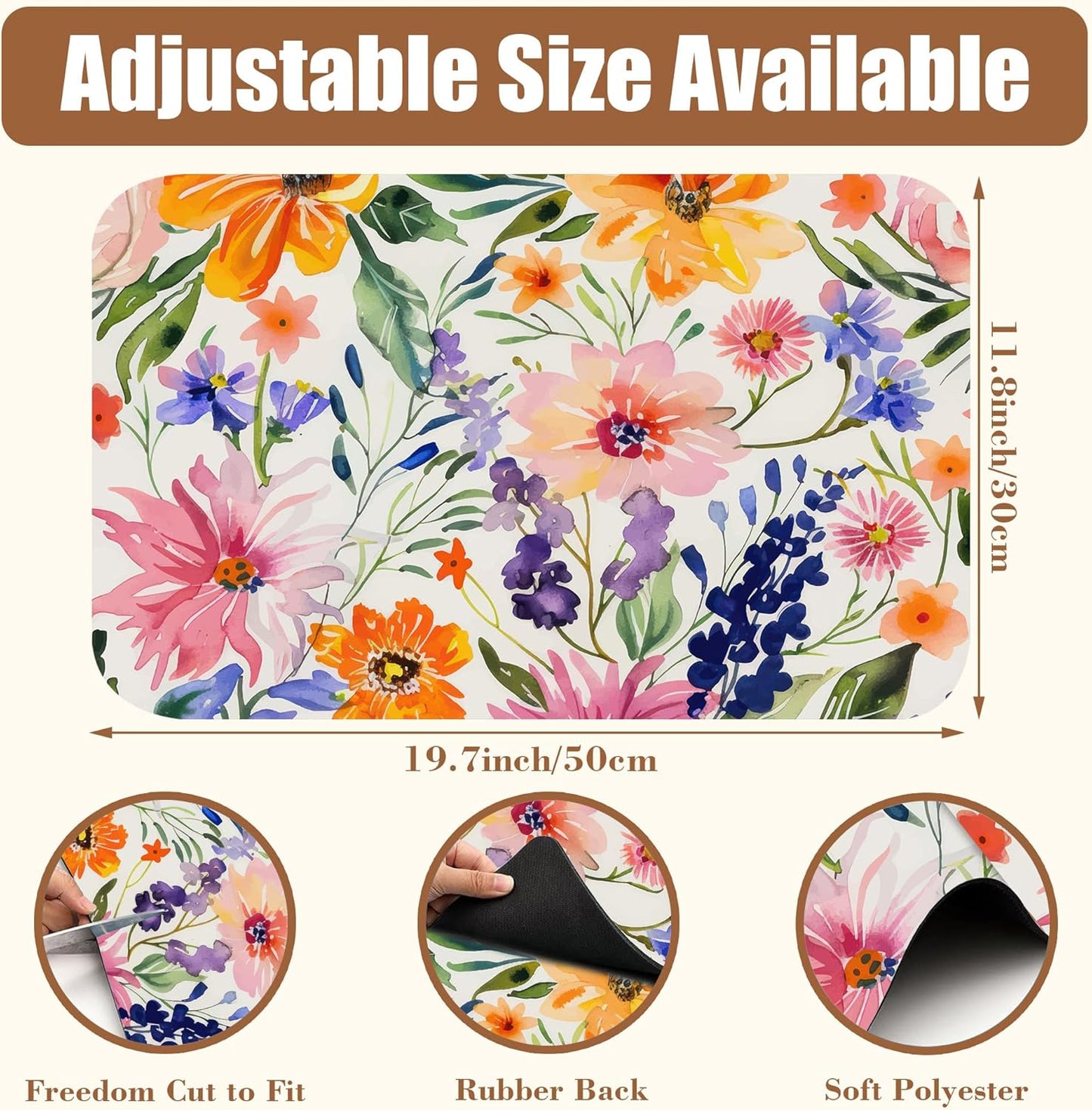 Dish Drying Mat Colorful Wildflowers Coffee Bar Mat for Countertop Absorbent Rubber Backed Hide Stain Dish Drainer Rack Pad Espresso Machine Cafe Table Dining Room Decoration 11.8 x 19.7 Inch