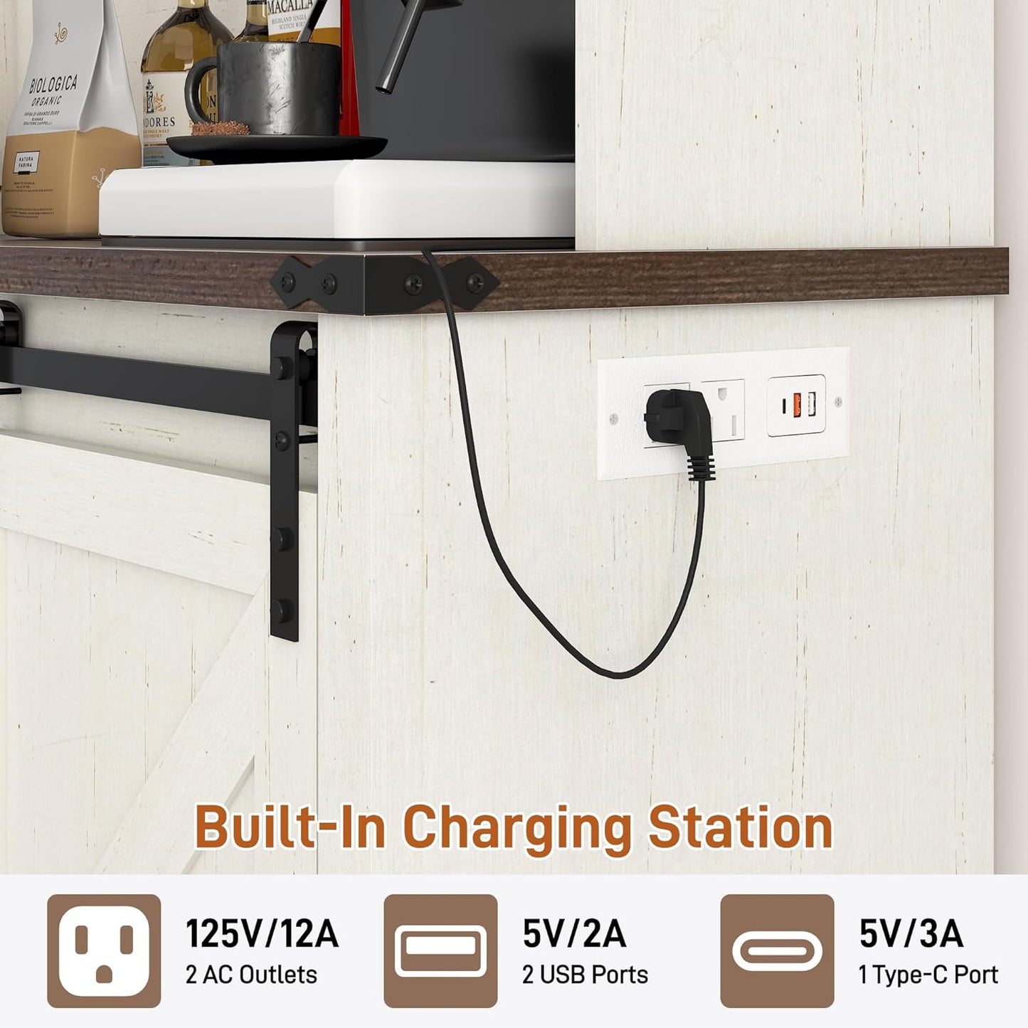 Farmhouse Coffee Bar Cabinet with Charging Station & Sliding Barn Doors - 63" W x 71" H Large Wine Rack, Built-in Liquor Dispenser, Glass/Mug Holders for Kitchen, Living Room, Hallway