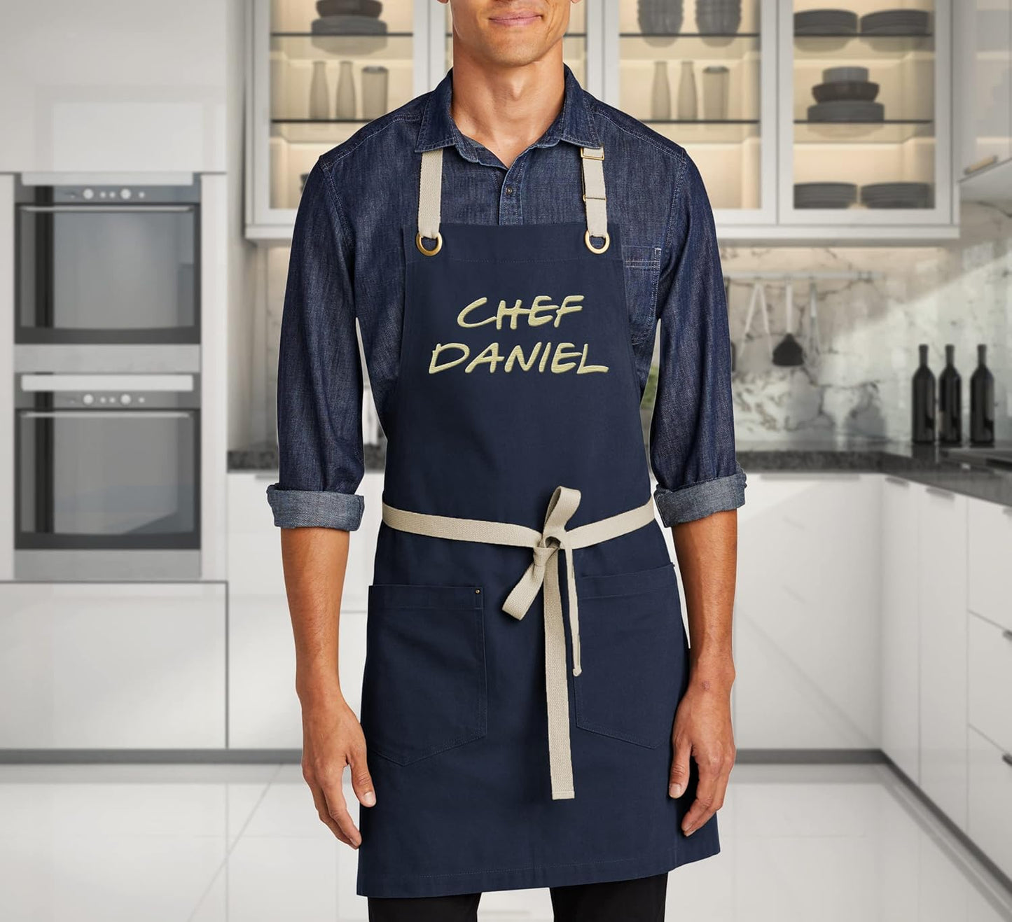 TEEAMORE Custom Embroidered Kitchen Apron Add Your Name Logo Design Cooking Baking Kitchen Chef Apron Gifts