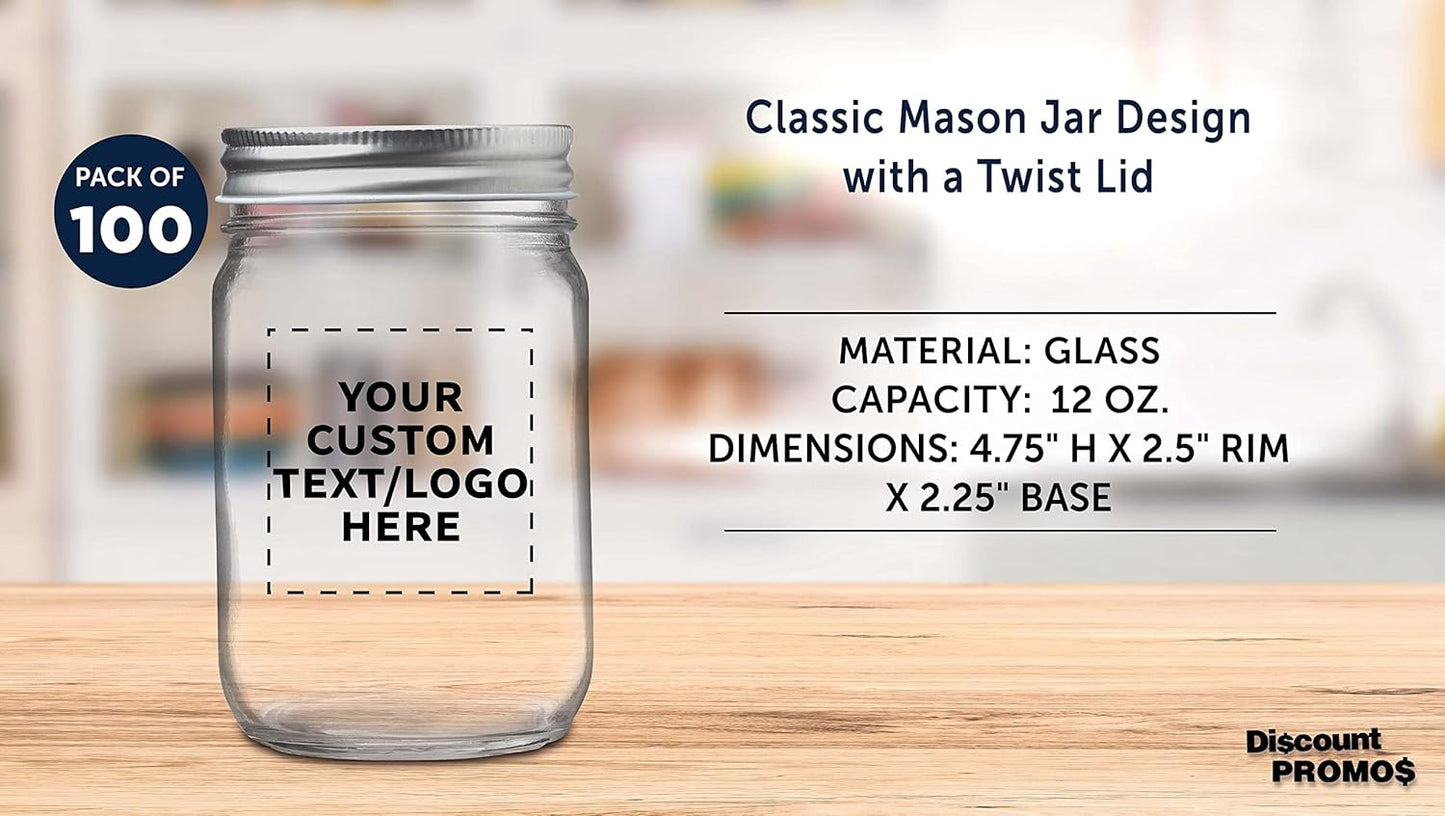DISCOUNT PROMOS 100 Decorating Mason Jars Set, 12 oz. - Customizable Text, Logo - Canning, Aluminum Lid - Clear