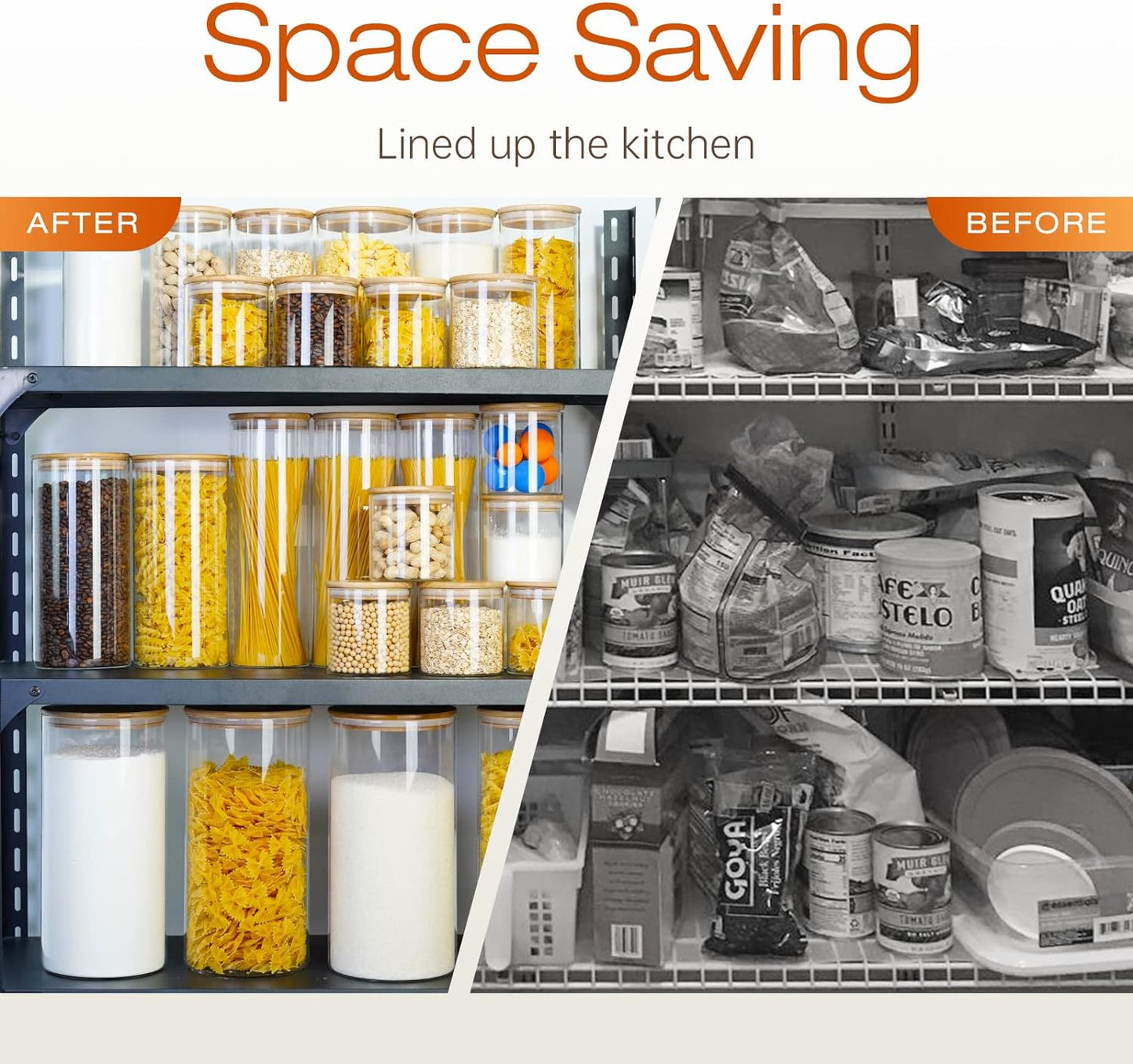 Glass Jars with Bamboo Lids [Muti Size Set of 5], Glass Canisters with Airtight Lids, Glass Food Storage Containers for Pasta, Oats, Coffee, Flour, Sugar, Rice, Best for Kitchen & Pantry