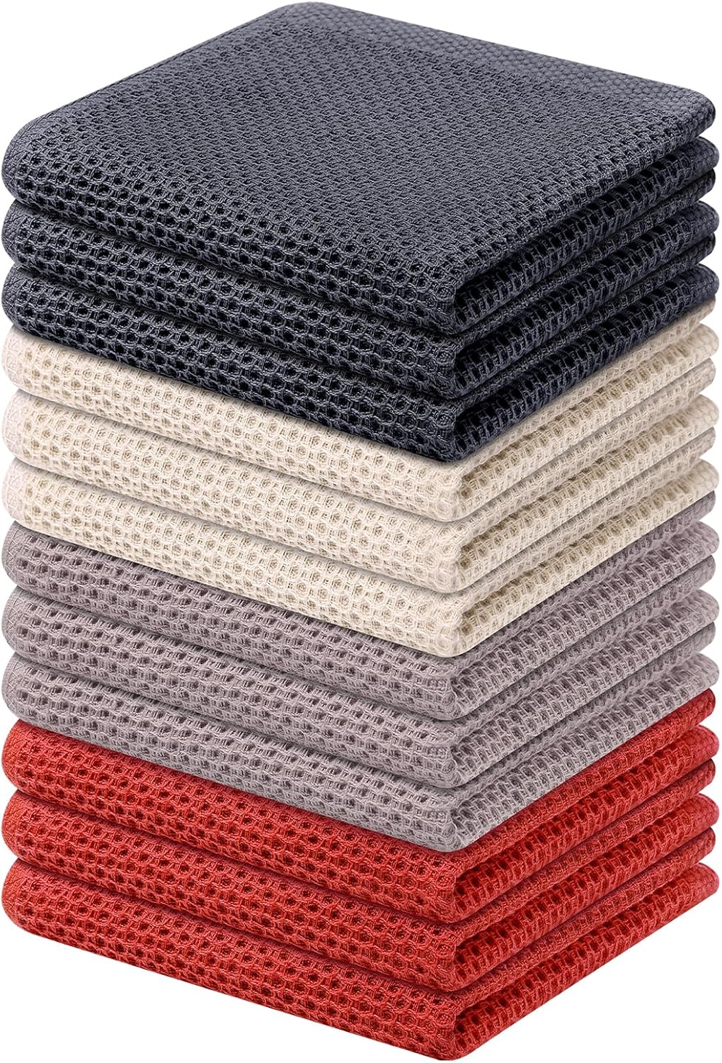 Kitinjoy 100% Cotton Kitchen Dish Cloths, 12 Pack Waffle Weave Ultra Soft Absorbent Dish Towels for Drying Dishes, Quick Drying Dish Rags, 12 X 12 Inch, Multicolor
