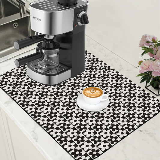 Black and White Checkered Flower Dish Drying Mat for Kitchen Counter Absorbent Coffee Mat Hide Stain Rubber Backed Drying Rack Pad Espresso Machine Coffee Bar Accessories 15.7 x 23.6 Inch