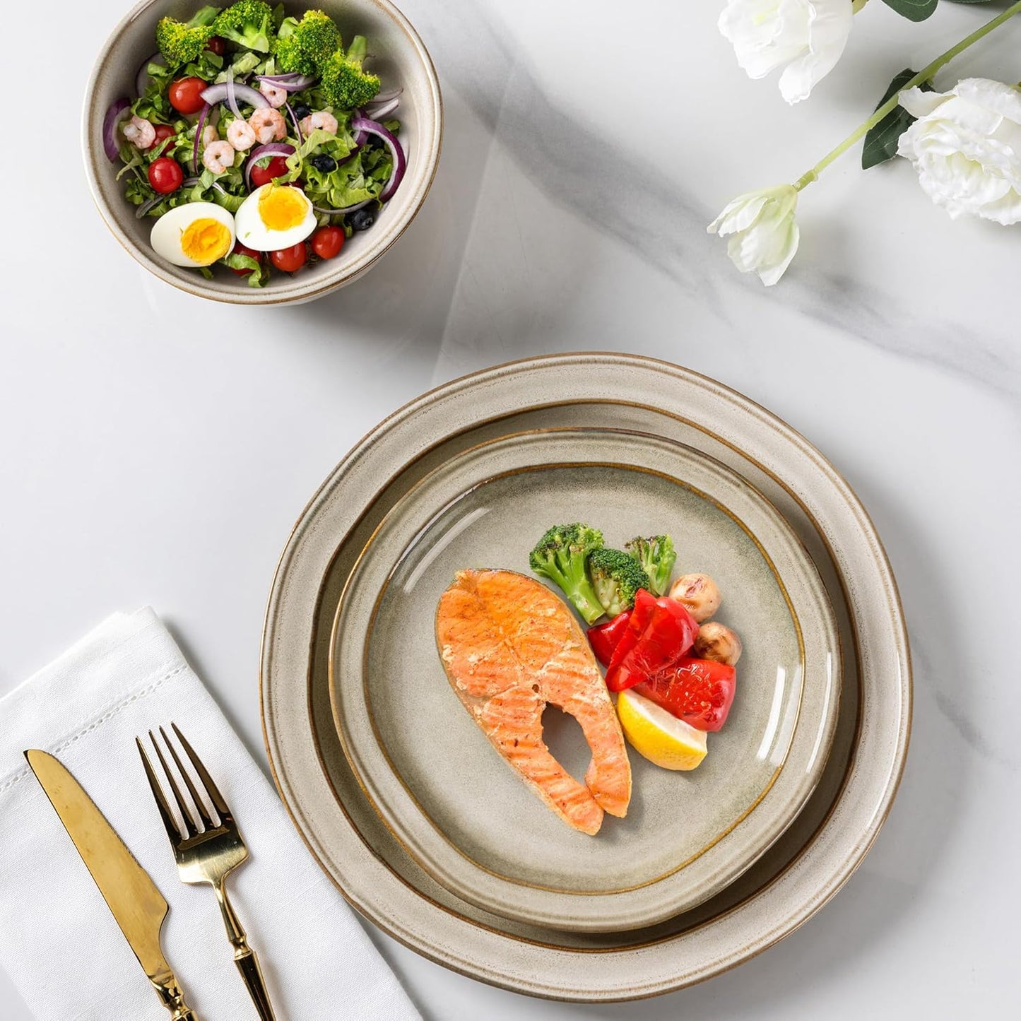 AmorArc Ceramic Dinnerware Sets,Stoneware Handmade Reactive Glaze Plates and Bowls Sets,Chip and Crack Resistant | Dishwasher & Microwave Safe,Dishes Set Service for 4 (12pc)