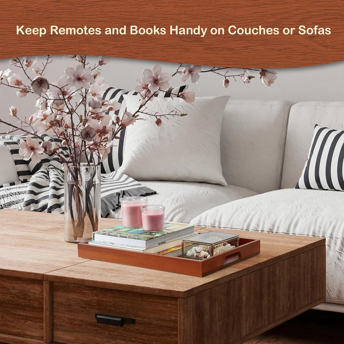 17 Inch Brown Serving Tray with Handles, Large Wooden Tray for Ottoman, Breakfast in Bed, Coffee Table, Dinner, Rectangular Wood Tray for Living Room Bedroom Entryway and Kitchen