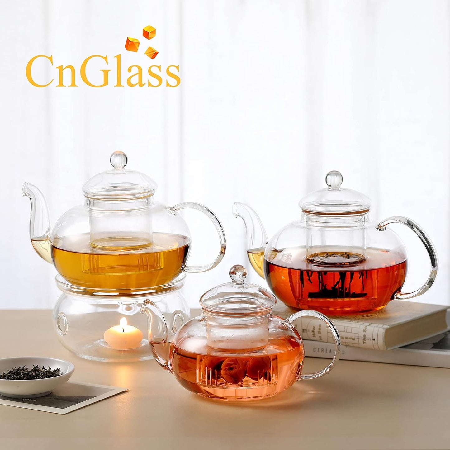 CnGlass 40.6oz/1200ml Glass Teapot with Removable Infuser,Stovetop Safe Tea Kettle,Blooming & Loose Leaf Tea Pot