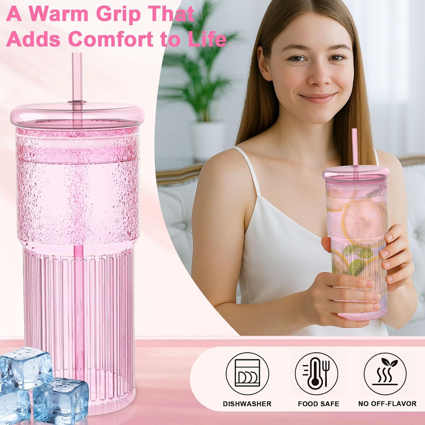 20oz Glass Cups with Lids and Straws - Set of 4 Reusable Tumblers, Thickened Shatter-Resistant Glass, Ideal for Iced Coffee, Smoothies, Cocktails, Juices - Elegant & Durable Drinkware (Pink)