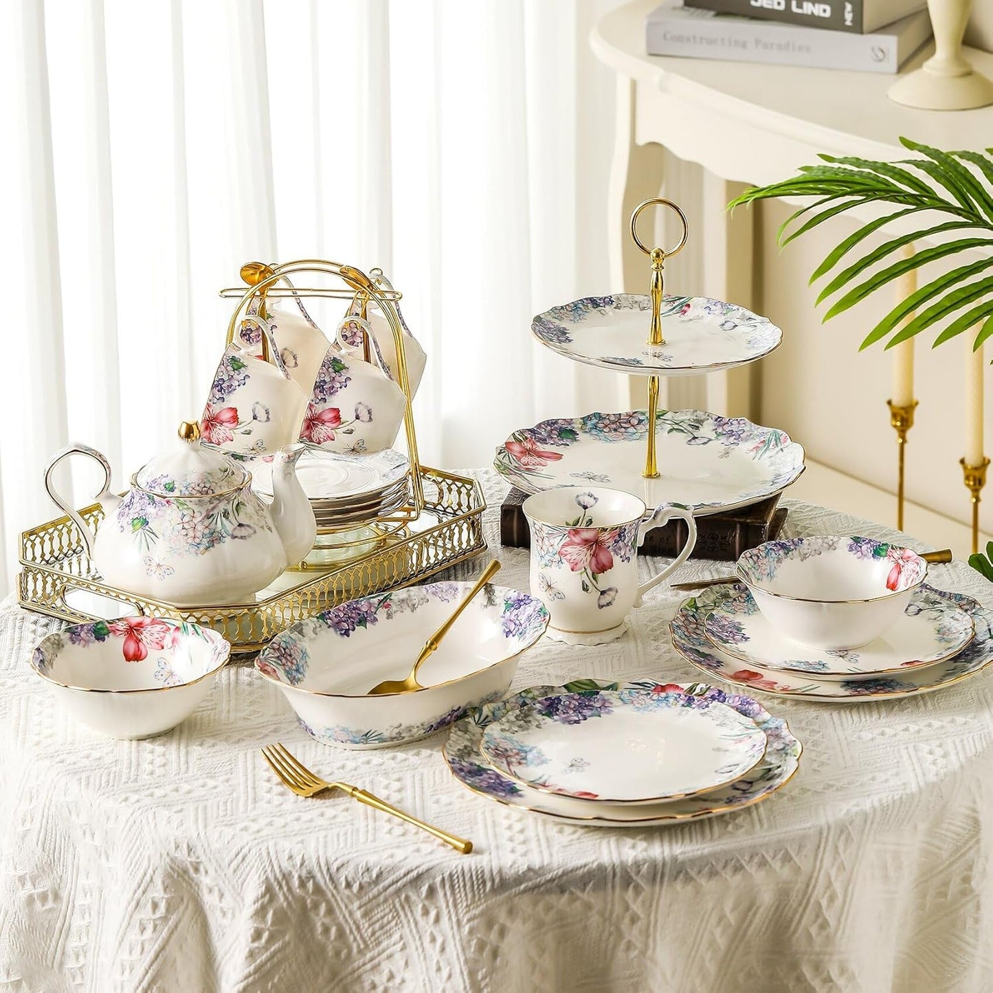 Bone China Tea Set, Vintage Floral Coffee Cups and Tea Sets, Porcelain Tea Set for Women Tea Party British, Christmas Gifts(Purple)