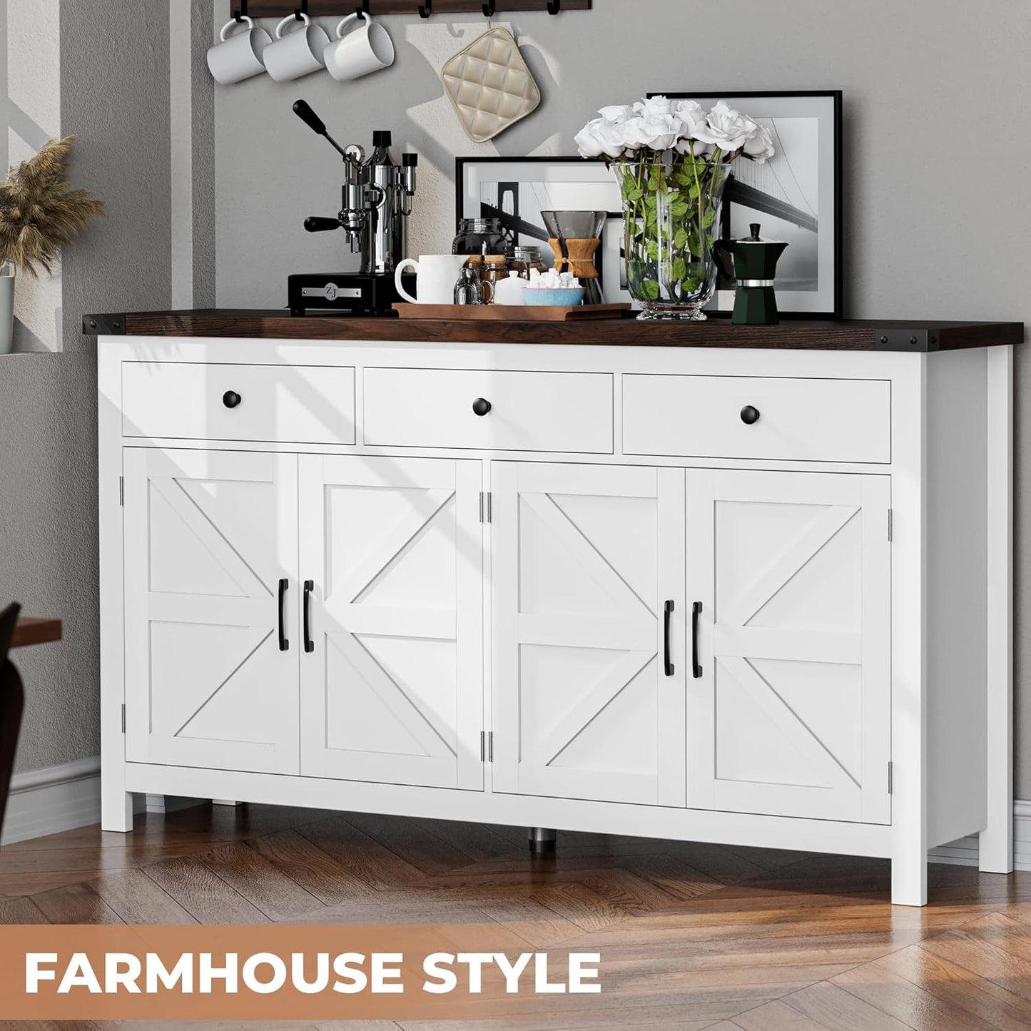 63" Sideboard Buffet Cabinet with Storage, Coffee Bar Cabinet with 3 Drawers and 4 Barn Doors, Long Wider Storage Cabinet Modern Farmhouse, White Wood, for Kitchen, Dining Room, Living Room