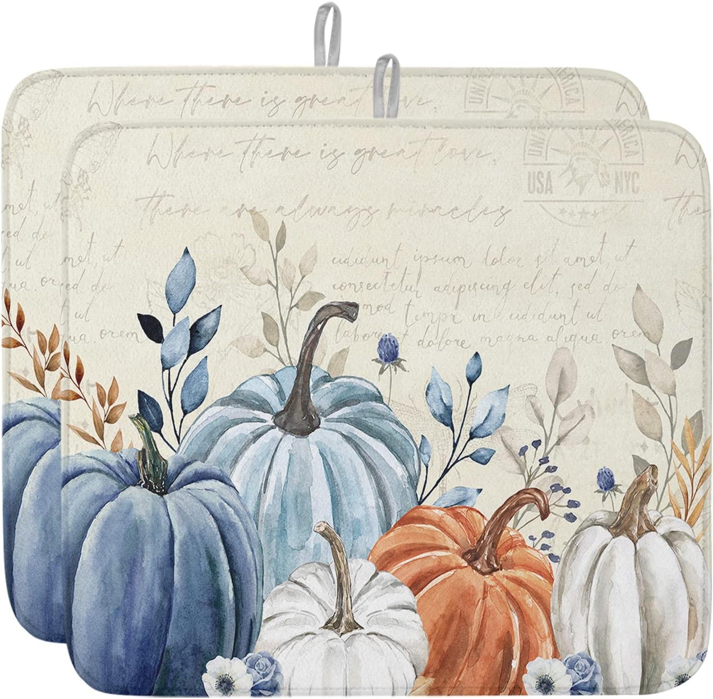 Fall Dish Drying Mat for Kitchen Counter Blue Pumpkin Drying Pad Absorbent Drying Mats for Countertops Sinks Draining Racks Floral Leaves Drainer Holiday Harvest Thanksgiving Decorations 18x24