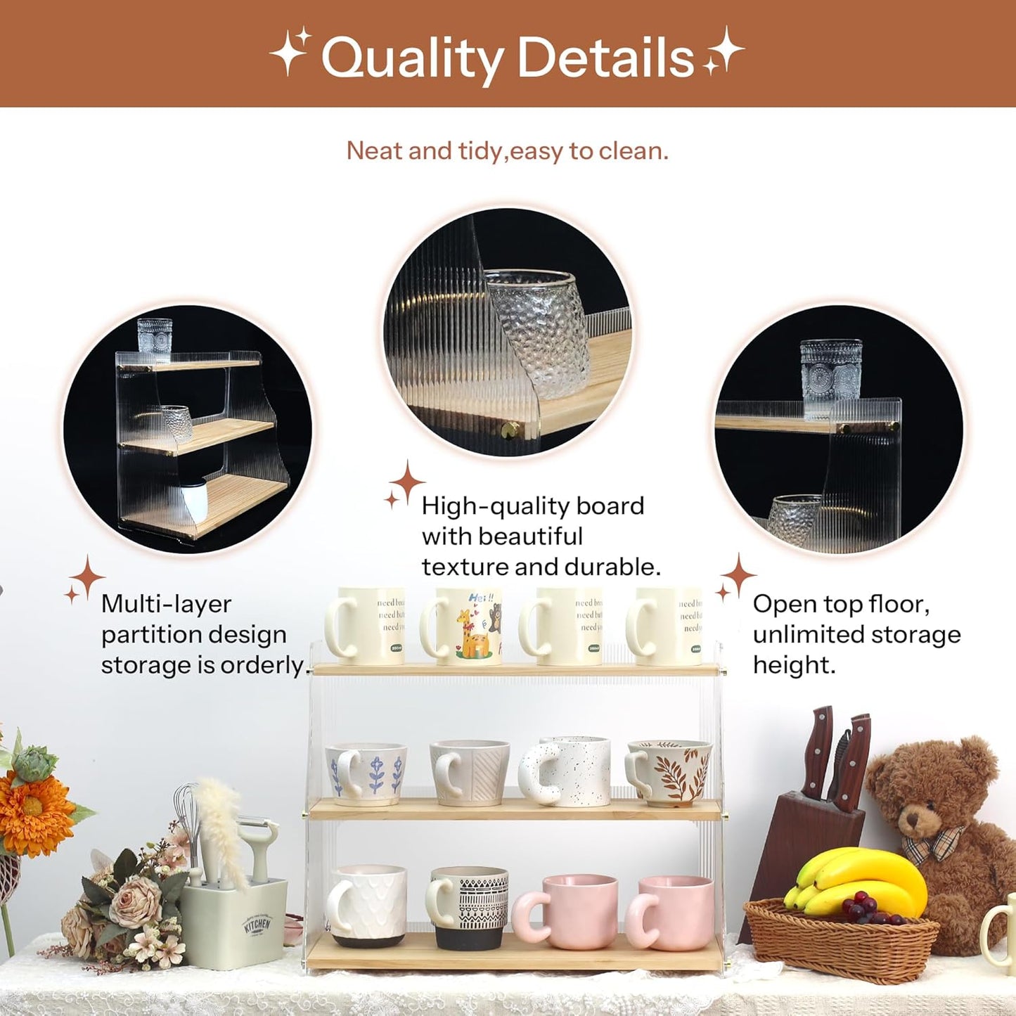 Coffee Mug Holder Wooden Cup Rack,3-Tier Acrylic Home Coffee Mug Display Rack for Kitchen Countertops, Coffee Bars, for Placing Mugs, Coffee Beans, Syrup, Cups, Stirrers ﻿