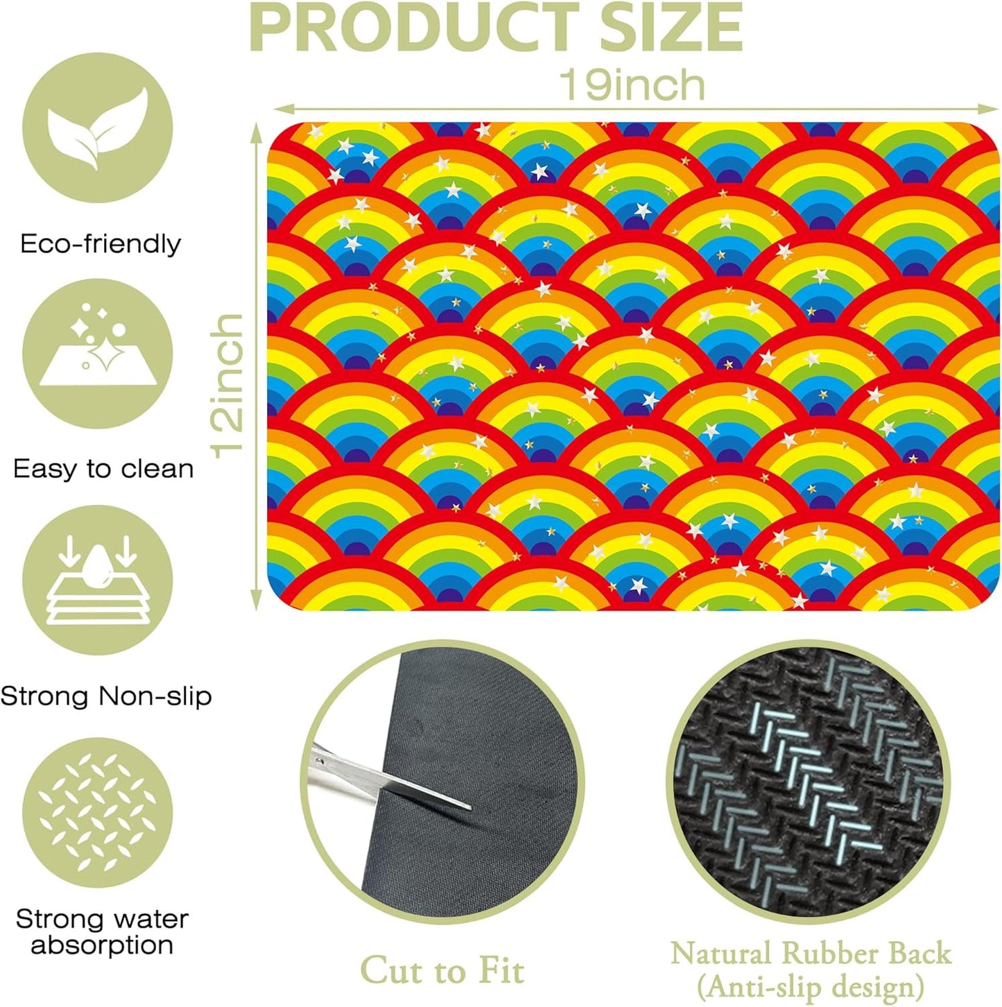 Kitchen Mat Rainbow Half Circle Star Dish Drying Mat 12"x19" Bsorbent Coffee Maker Mat for Sink Dishes or Under Rack Kitchen Counter Accessories Absorbent Hide Stain Rubber Backed Dish Drying Pad