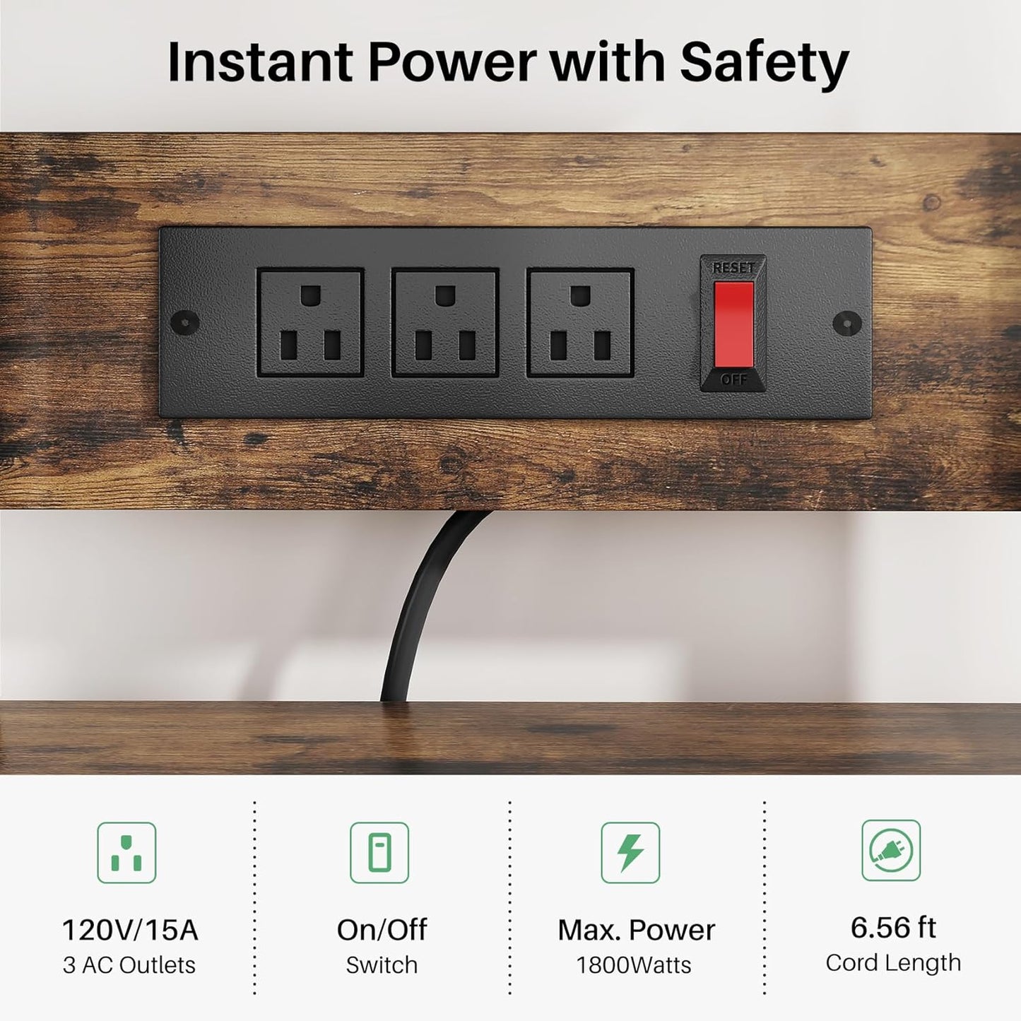 Baker Rack with Power Outlet - Microwave Stand with Storage, Large Coffee Bar Station with 14 Hooks, Metal Kitchen Shelf Rack for Spices, Pots (Rustic Brown)