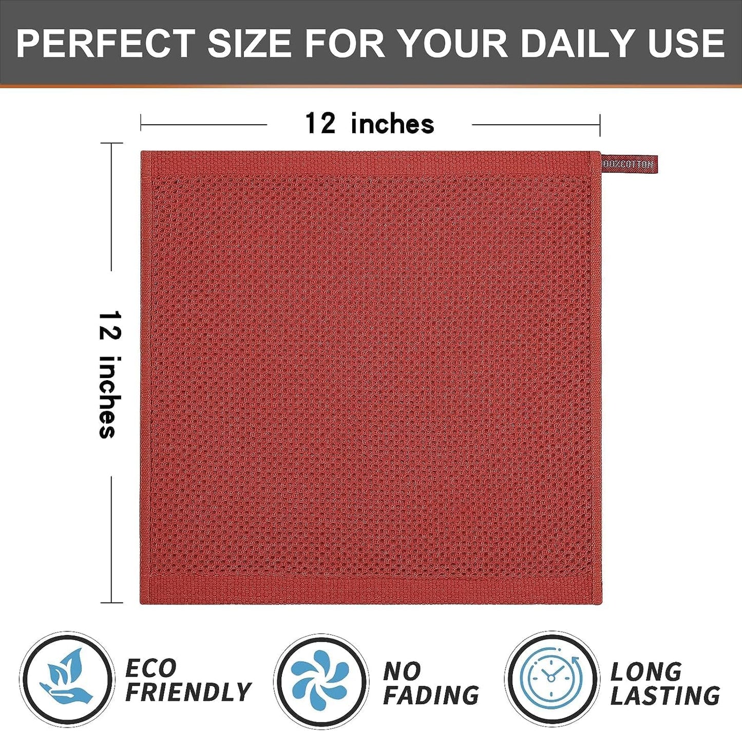 Kitinjoy 100% Cotton Kitchen Dish Cloths, 8 Pack Waffle Weave Ultra Soft Absorbent Dish Towels for Drying Dishes Quick Drying Kitchen Towels Dish Rags, 12 X 12 Inches, Brick Red