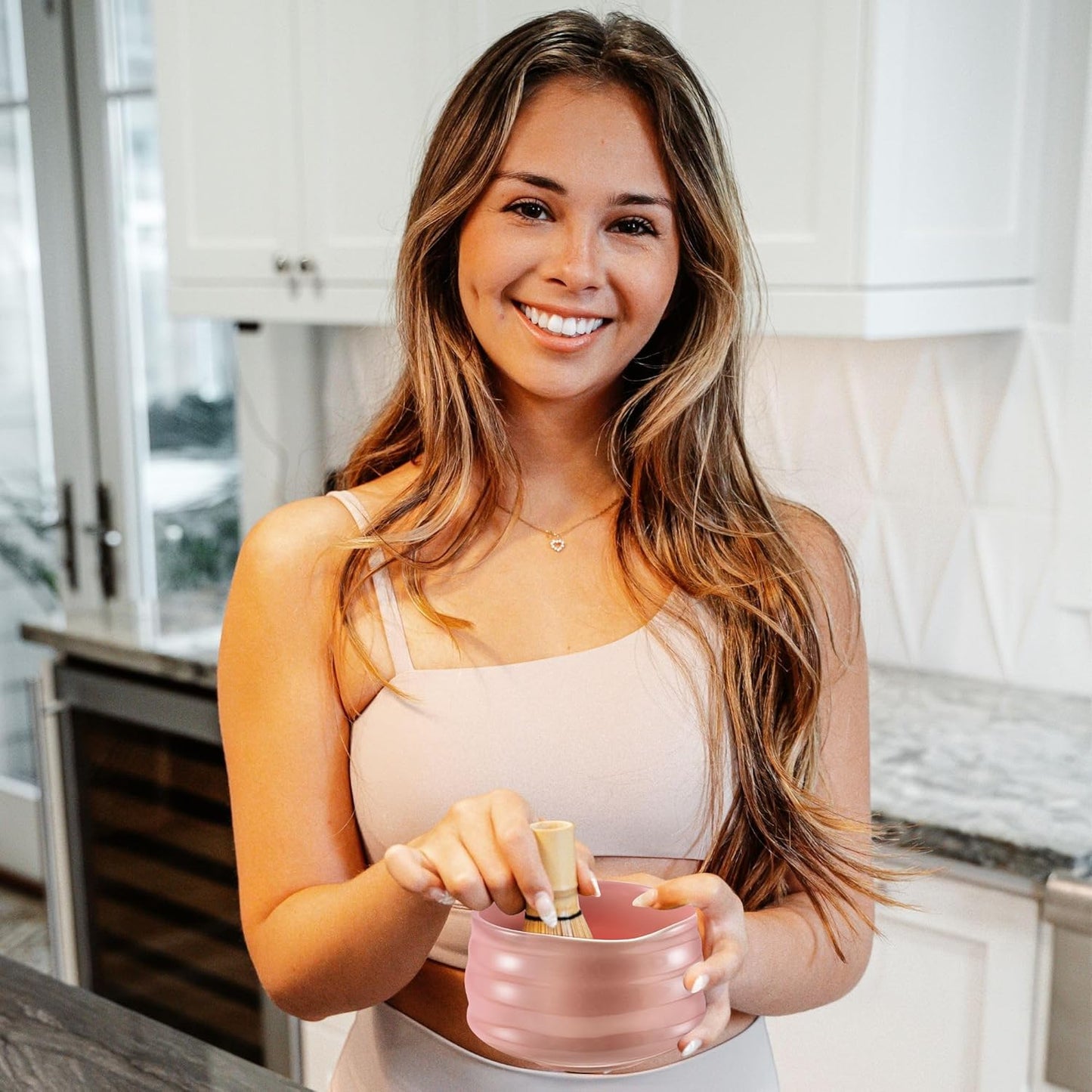 Marce Matcha Whisk Set- Matcha Set includes Matcha Bowl, Sifter, Holder and Scoop- The Perfect Bamboo Whisk for Matcha Tea (Pink)