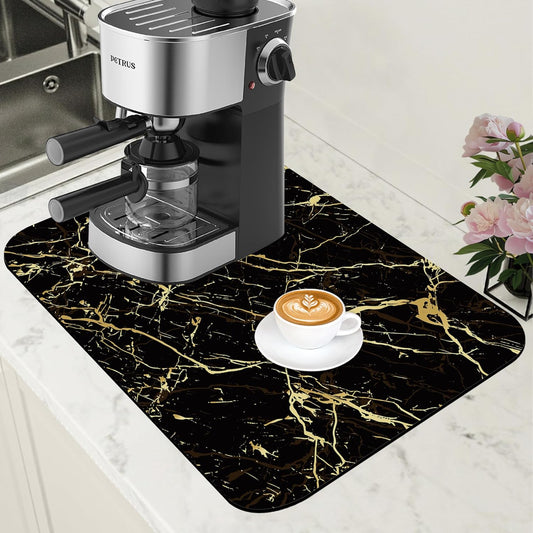 Dish Drying Mat Black and Gold Marble Coffee Bar Mat for Countertop Absorbent Rubber Backed Hide Stain Dish Drainer Rack Pad Coffee Maker Espresso Machine Dining Room Decoration 11.8 x 19.7 Inch